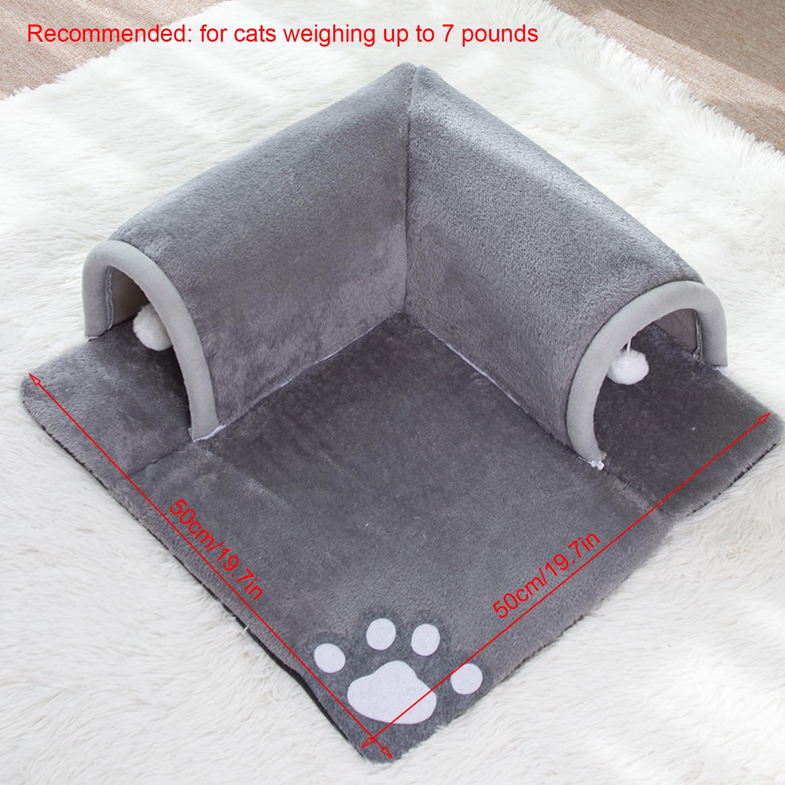 Katzentunnel Bett, 2 In 1 Katzenspieltunnel Mit Teppich, Abnehmbare Kätzchen Pet Play Tube - Waschbar Kätzchen Höhle Matte mit Ball Spielzeug, Katzenteppich, 50 * 50cm (Grau)