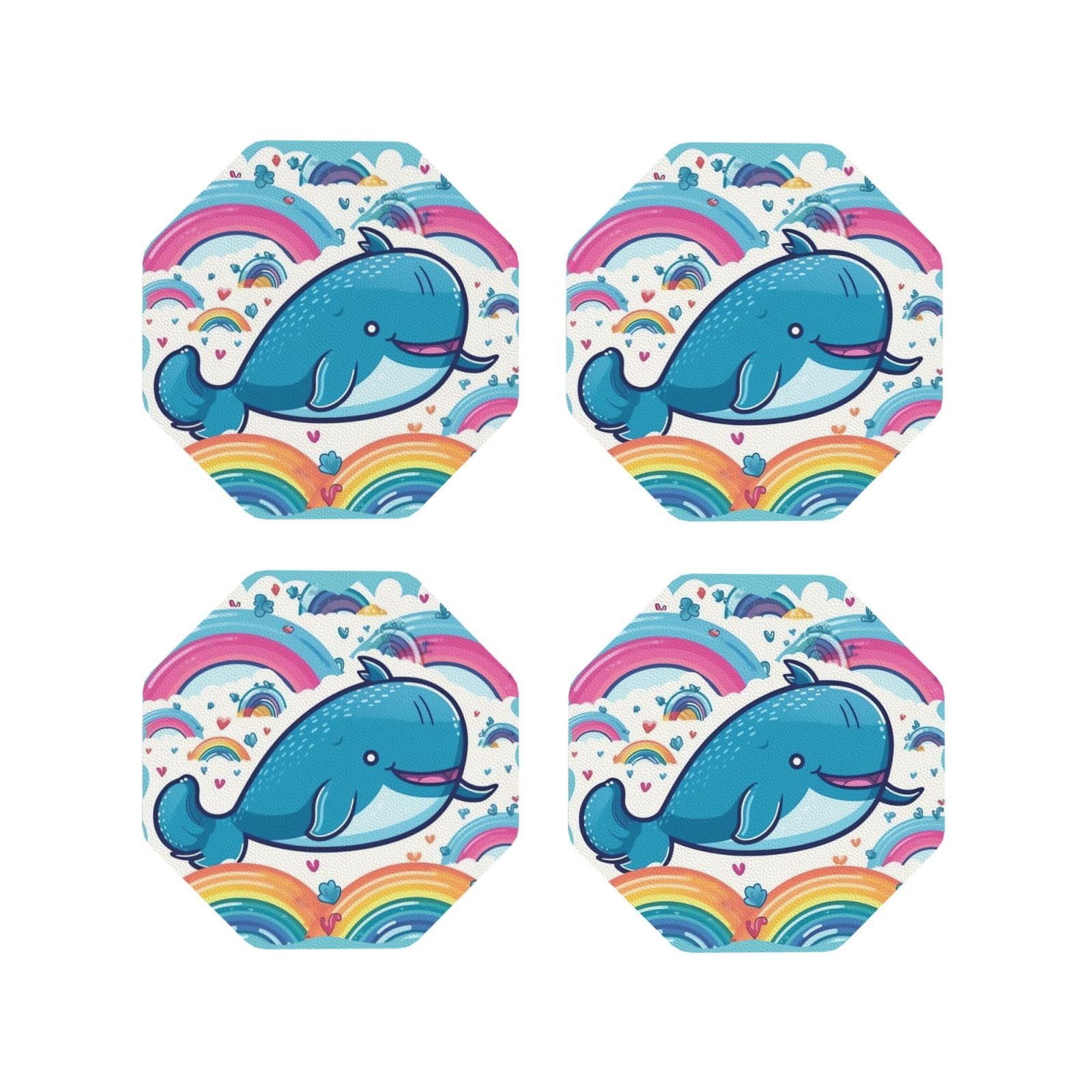 4pcs Drink Coasters for Tabletop Protection, 4" Leather Coasters for Drinks, Cartoon Whale and Rainbow Cup Coasters for Coffee Table Decor, Non-Slip Drinking Cup Mat for Hot Or Cold Drink