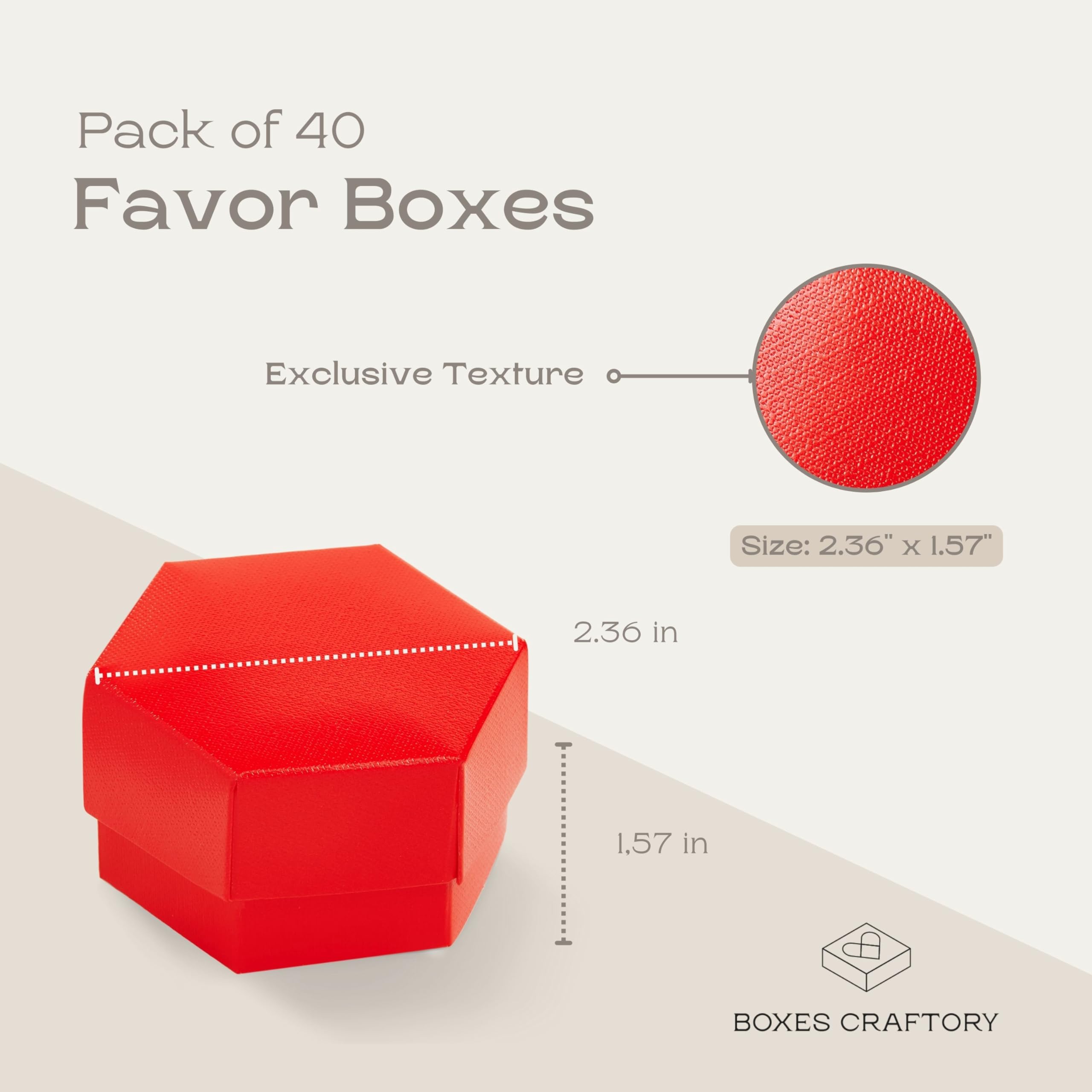 Boxes Craftory Kleine Geschenkschachteln, sechseckig, 6 x 4 cm, ideal für Hochzeit, Babyparty und Brautparty, rotes Leinen, 40 Stück