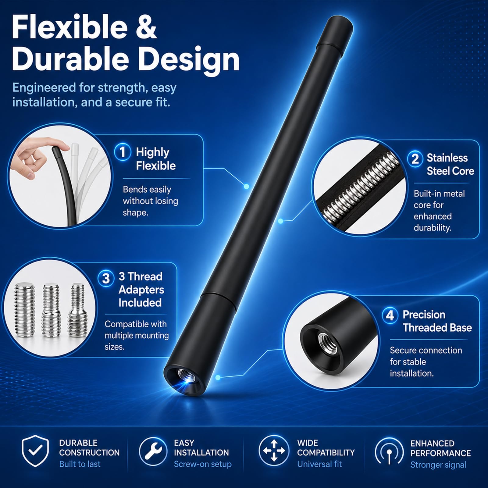 Mini Antenne Auto Kurze Universal, Antenne Dach Auto Ersatz 17,5cm FM/AM/Dab, Empfangsradio Auto Antenne Stig mit Filetage M4 M5 M6 für Alle Fahrzeuge mit Dachadapter