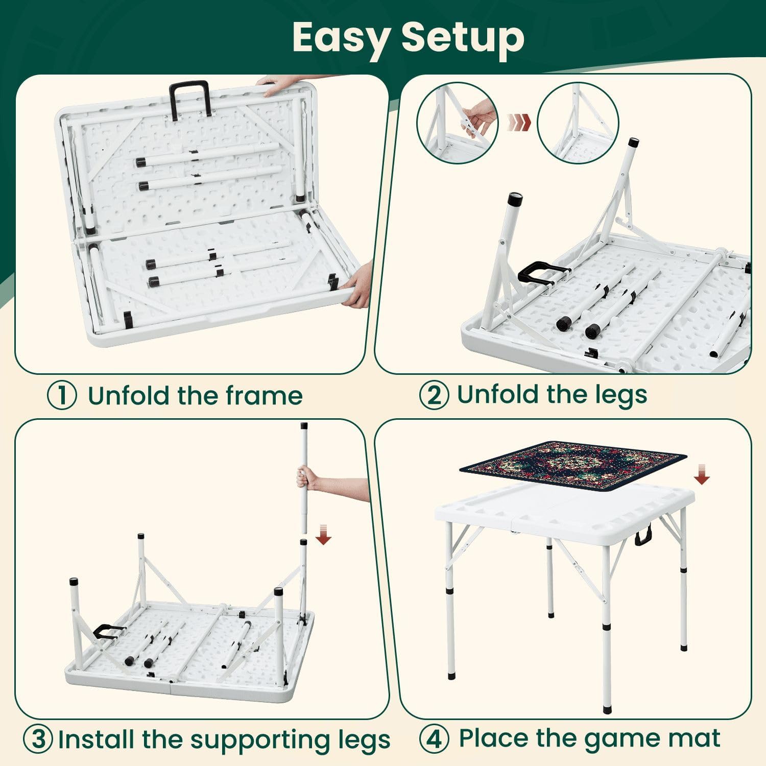 Folding Mahjong Table with Vintage Floral Bandana Red Green Cream Navy Wear-Resistant Mahjong Mat, 4 Cup Holders & Chip Trays for 4 Players Square Portable Card Table for Poker Domino