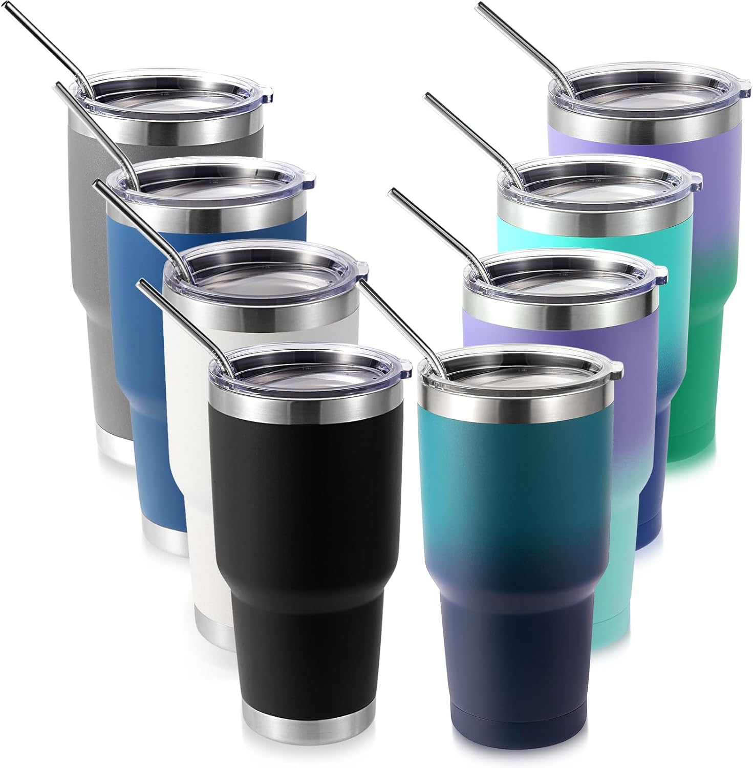 Volhoply 30oz Insulated Tumbler with Lid and Straw, Double Wall Inner & Outer 304 Stainless Steel Tumblers Bulk, Powder Coated Coffee Cup for Office, Home, Travel (Assorted,8 Pack)