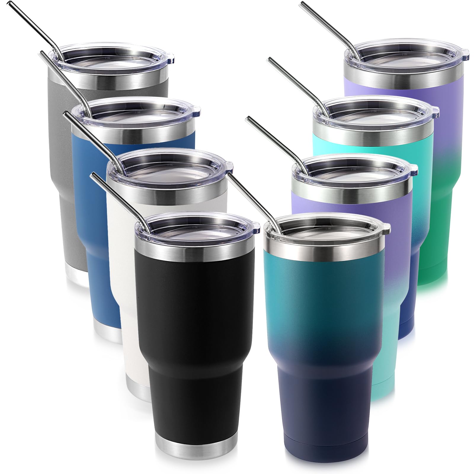 Volhoply 900ml 30oz Insulated Tumbler with Lid and Straw, Double Wall Inner & Outer 304 Stainless Steel Tumblers Bulk, Powder Coated Coffee Cup for Office, Home, Travel (Assorted,8 Pack)