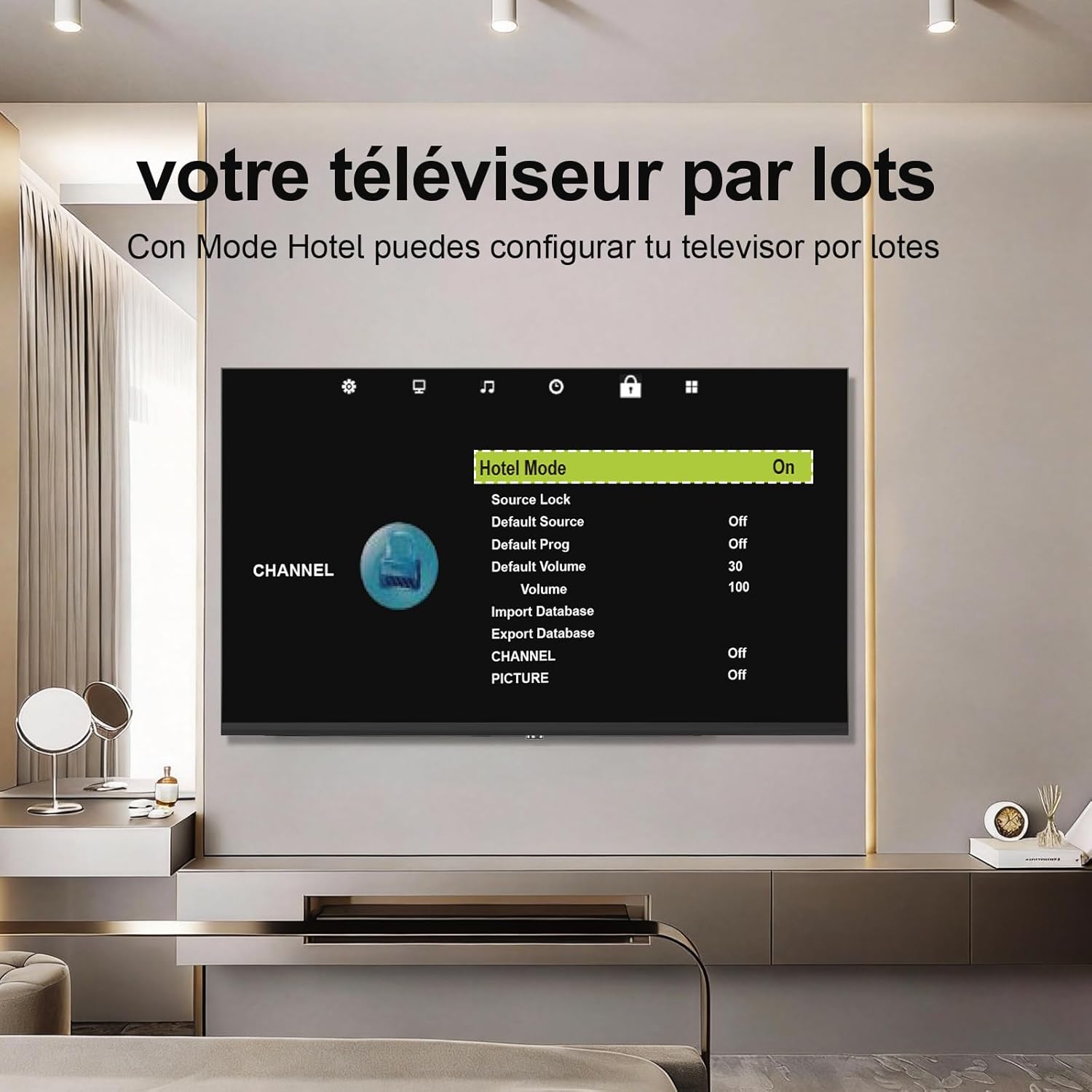 Screenshot of the TV menu showing 'Hotel Mode' settings, including options for Source Lock, Default Source, Default Program, Default Volume, Import Database, Export Database, Channel, and Picture settings.