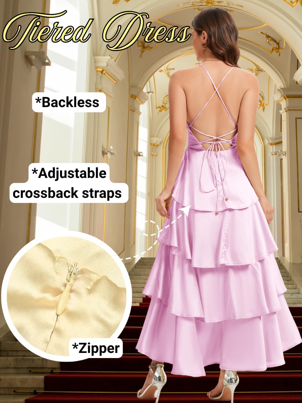 Ruffle Tiered Maxi Dress,Deep V Backless Satin Formal Dresses Women,Homecoming Cocktail Wedding Guest Outfits - Image 4