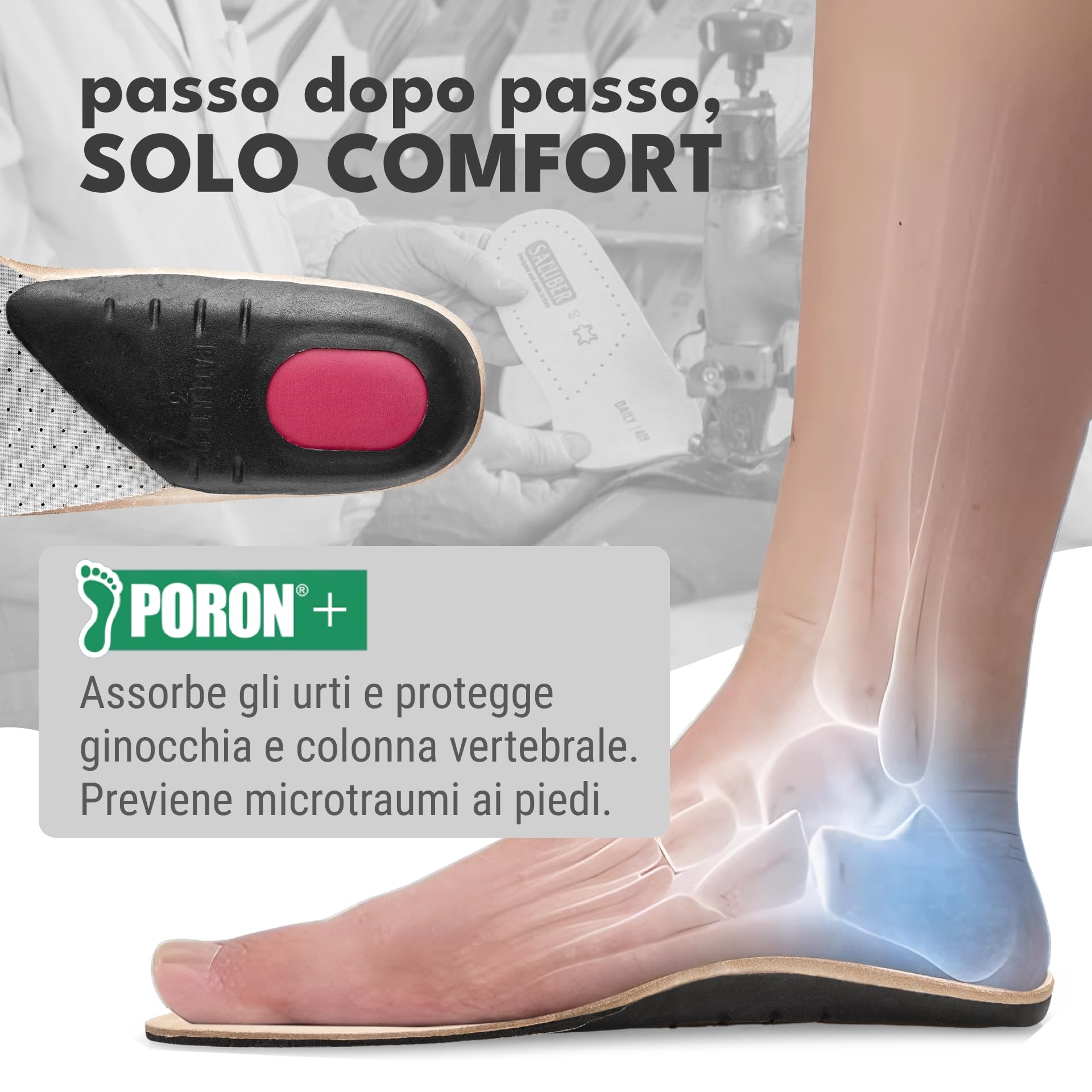 Saluber Solette Active 406, Solette Scarpe Premium: Poron+ per assorbimento degli urti, Carbone Attivo per freschezza, Vero Cuoio per comfort naturale (43)