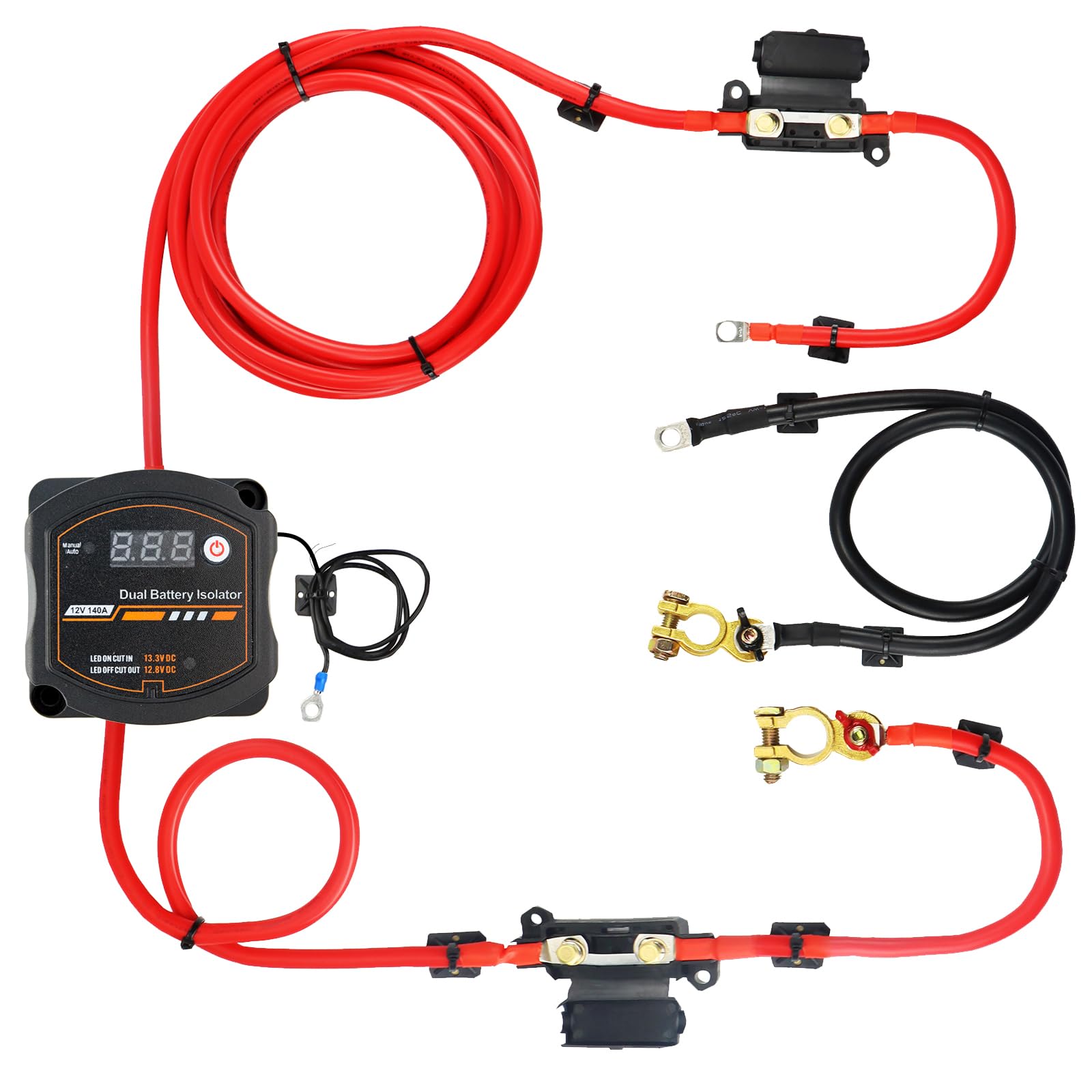 Kit rele di carica diviso con display a LED, parallelatore batteria 12v camper, kit isolatore intelligente doppia batteria 12V 140A, kit relè sensibile alla tensione, per auto, roulotte, camper