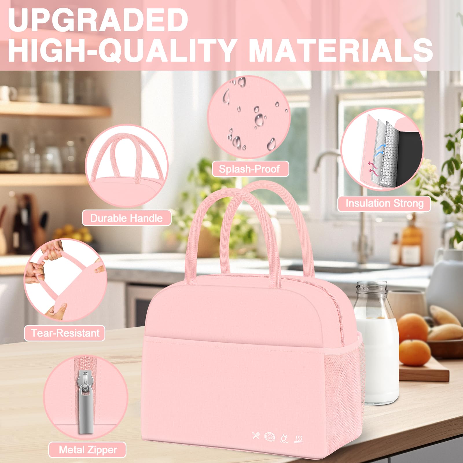 Isolierte Lunchtasche Für Damen & Herren – Wiederverwendbar, Rosa, Großes Fassungsvermögen, Mit Seitentasche