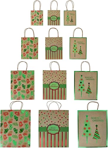 Juego surtido de bolsas de regalo de Navidad con papel de aluminio (resistente), paquete de 12
