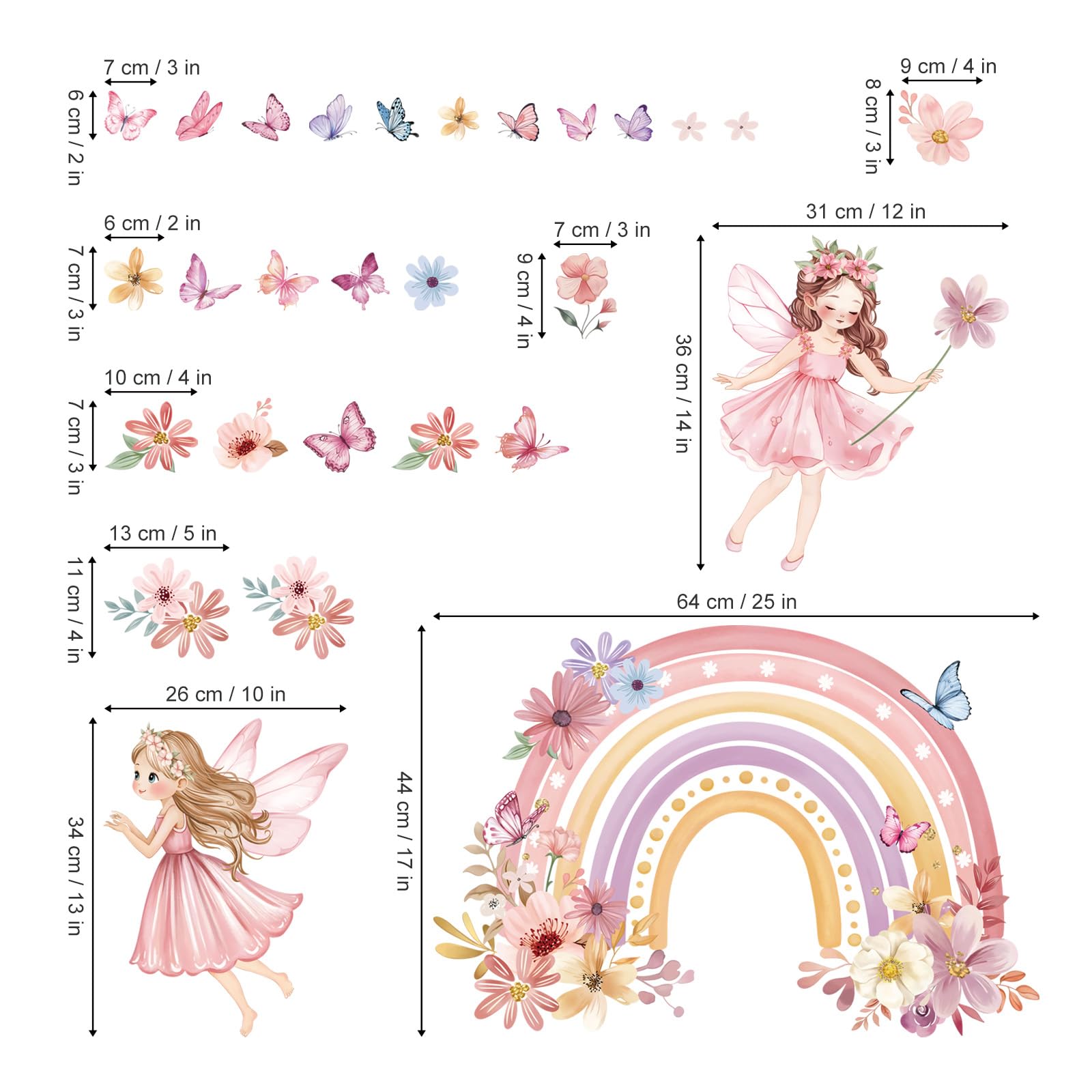 Adesivi Murali Fiori E Fate Per Camerette – 2 Fogli Da 30x90 Cm, Decorazioni Removibili PVC Per Pareti Lisce