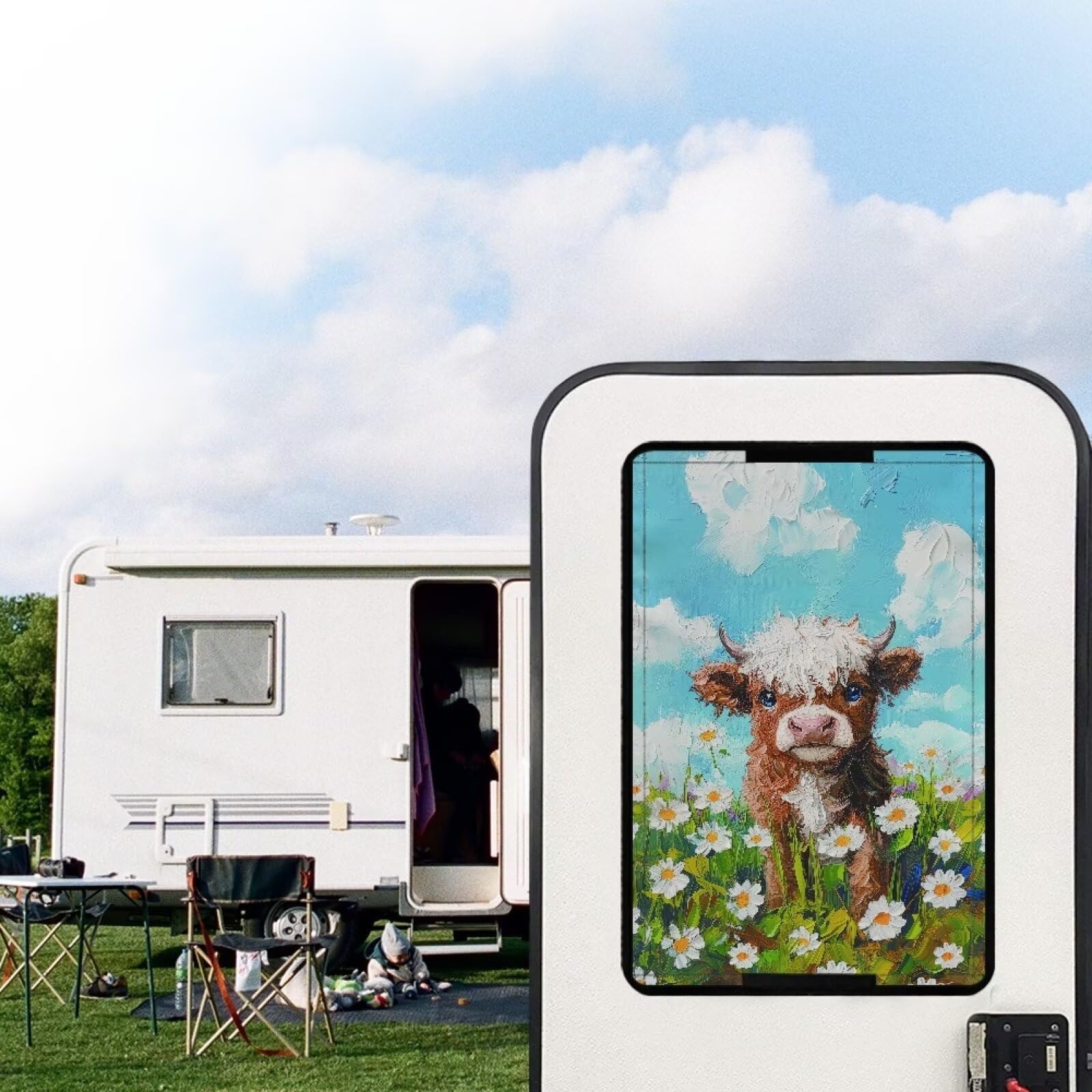 Reanaysto Highland Cow RV Door Window Shade Cover Daisy Camper Accessories Anti-hot Sun Blackout Fabric for Trailer Sun Heat Protection Camper Accessories with Privacy Features Universal