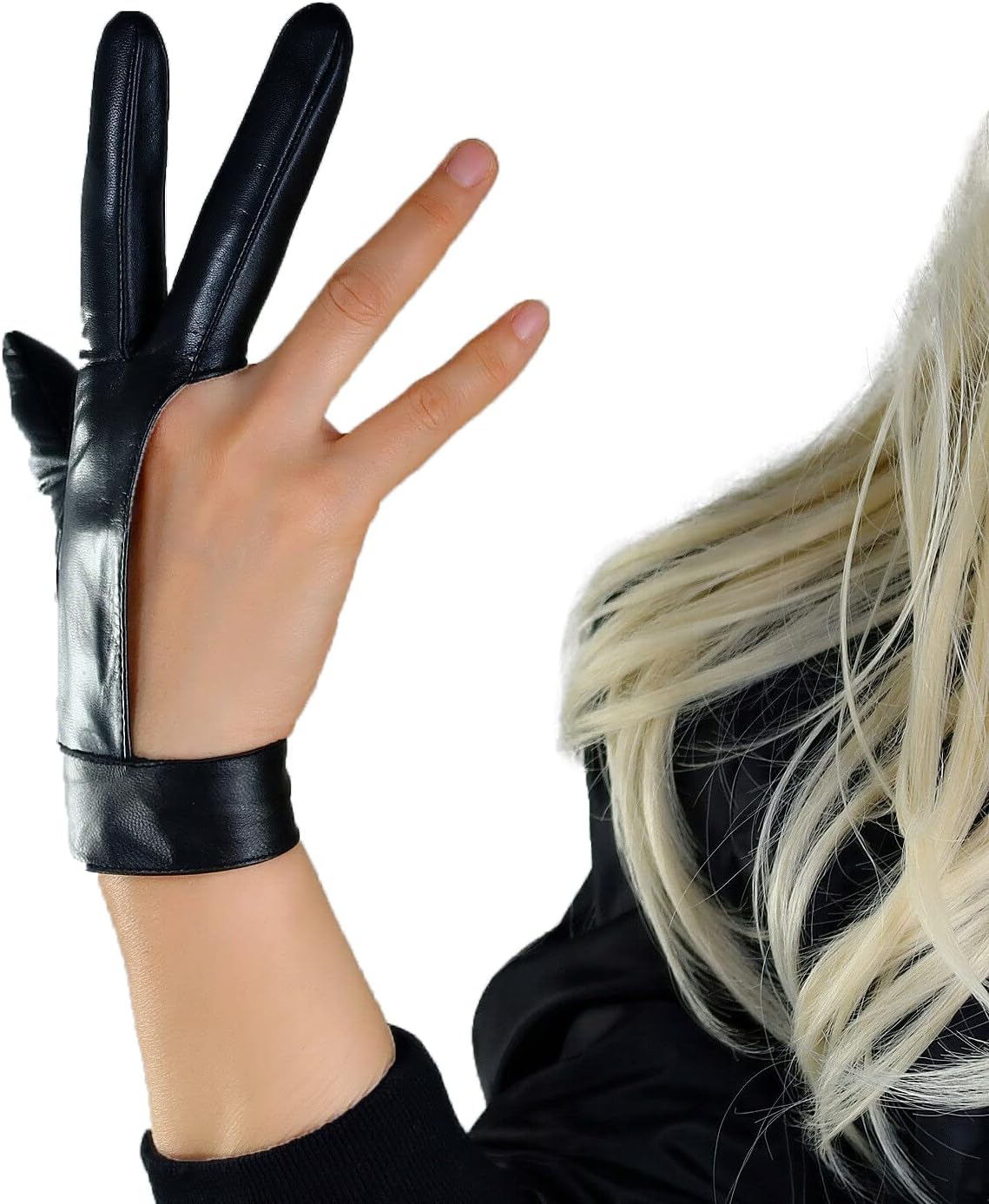 DooWay Women's Black Motorcycle Gloves Fingerless Real Leather Genuine Lambskin TECH for Driving Billiards Snooker Cosplay Costumes