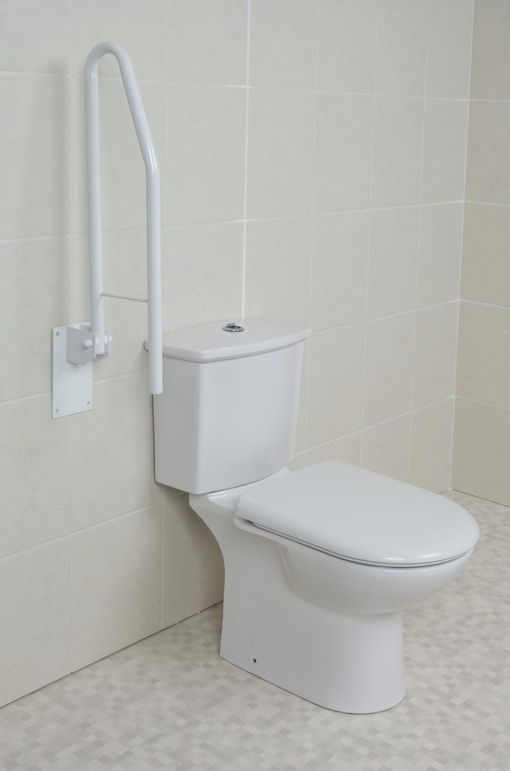 NRS Healthcare Drop Down Toilet Support Rail folded up against the wall.