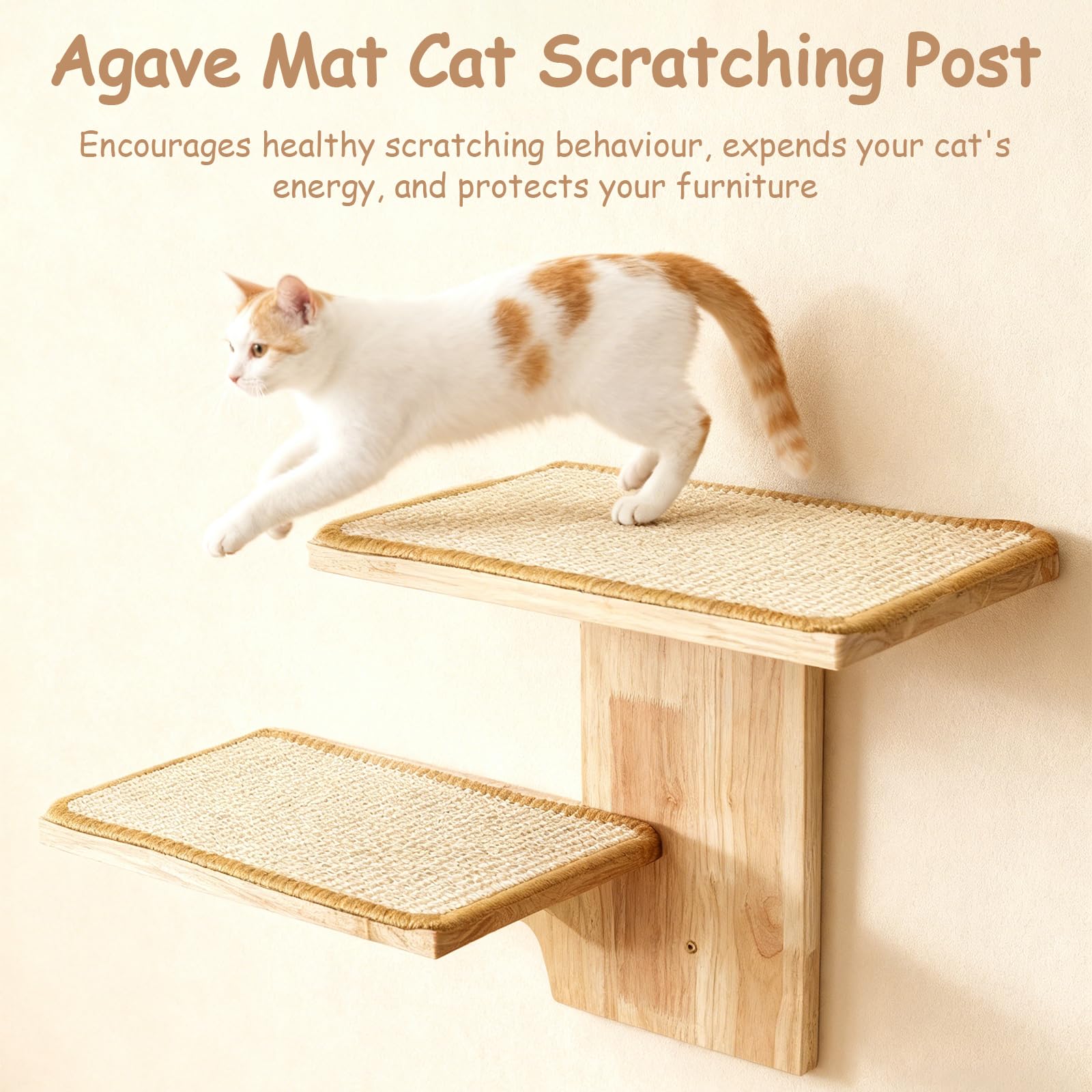 Pared de escalada para gatos con 2 plataformas, 42 cm, para gatos montados en la pared, con alfombrilla de sisal, estante de pared para escalada, jugar, arañar, color marrón