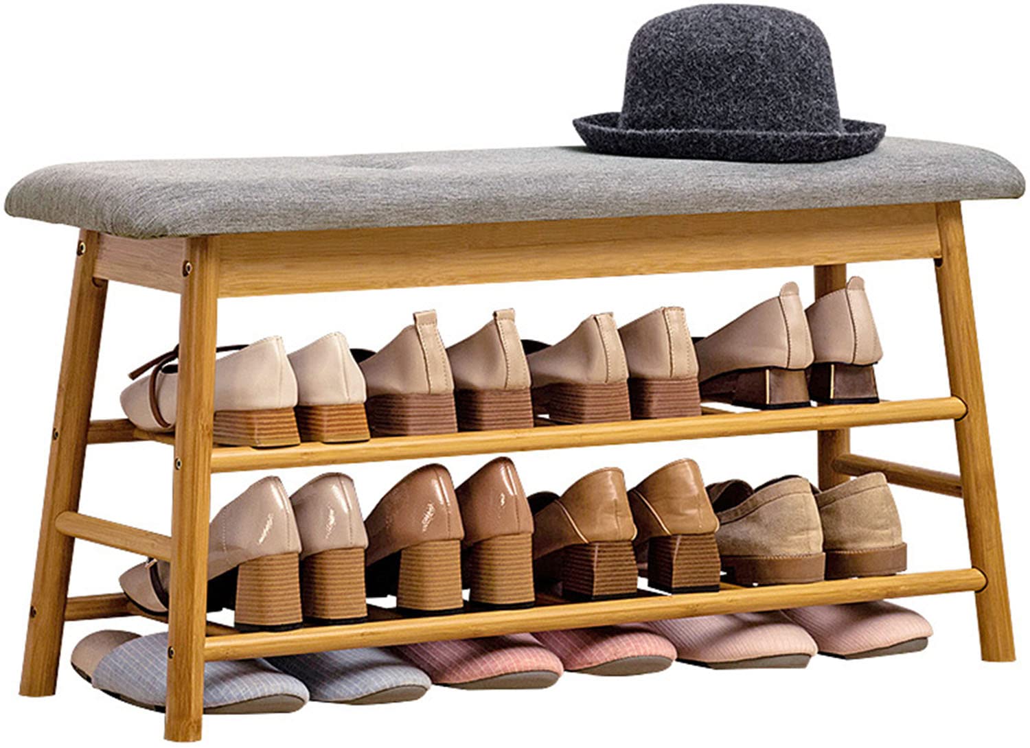 Étagère à chaussures en bambou pour entrée et couloir avec assise douillette