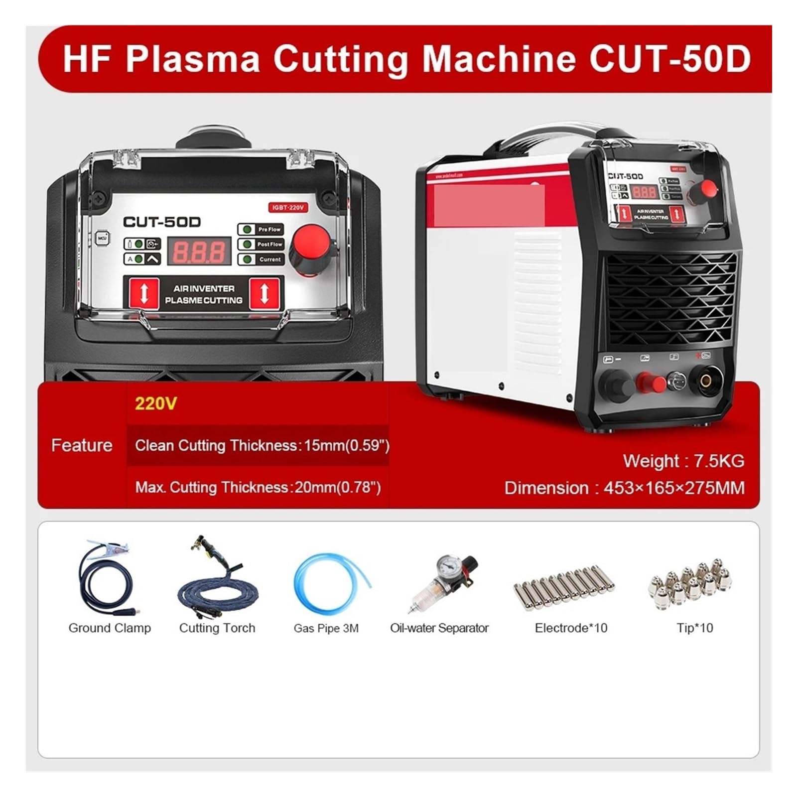 Przecinarka plazmowa, Maszyna do cięcia plazmowego CUT-50D/CUT-50DS 110/220 40A HF Łuk bezkontaktowy Przecinarka plazmowa do warsztatów DIY i domowych(50D)