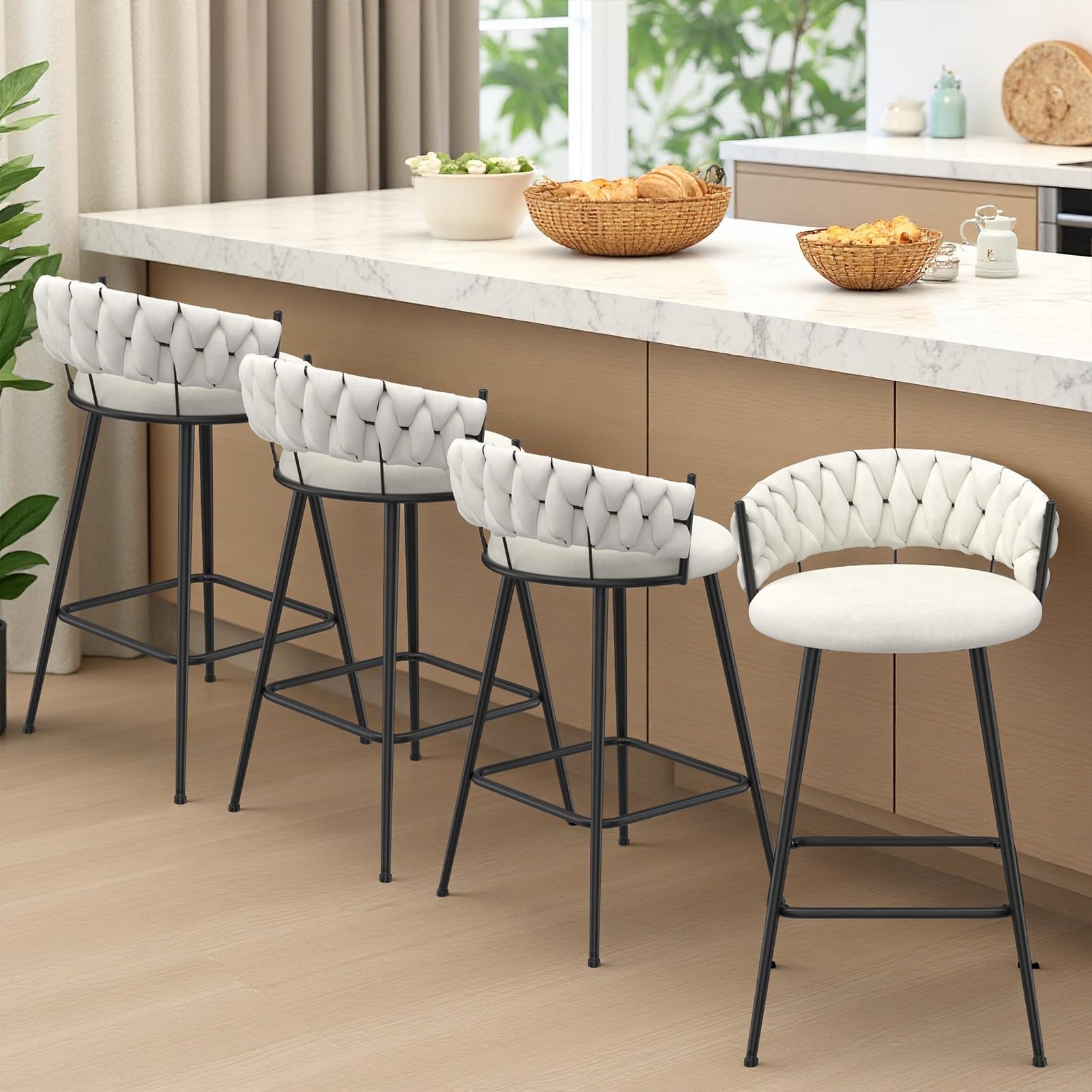 Bar Stools Set of 4, 26 Inch Counter Height Upholstered Barstools with Velvet Woven Backrest & Metal Legs for Bar Counter