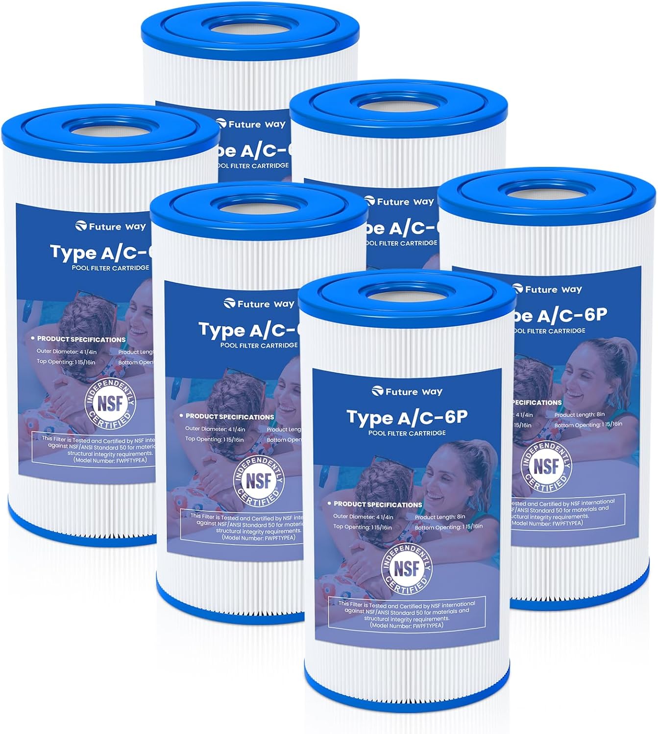 Future Way 6 Pack Type A or C Pool Filter Cartridge Replacement for Intex 29000E/59900E & 1000/1500/530 GPH Filter Pump, Fits Easy Set Above Ground Pools