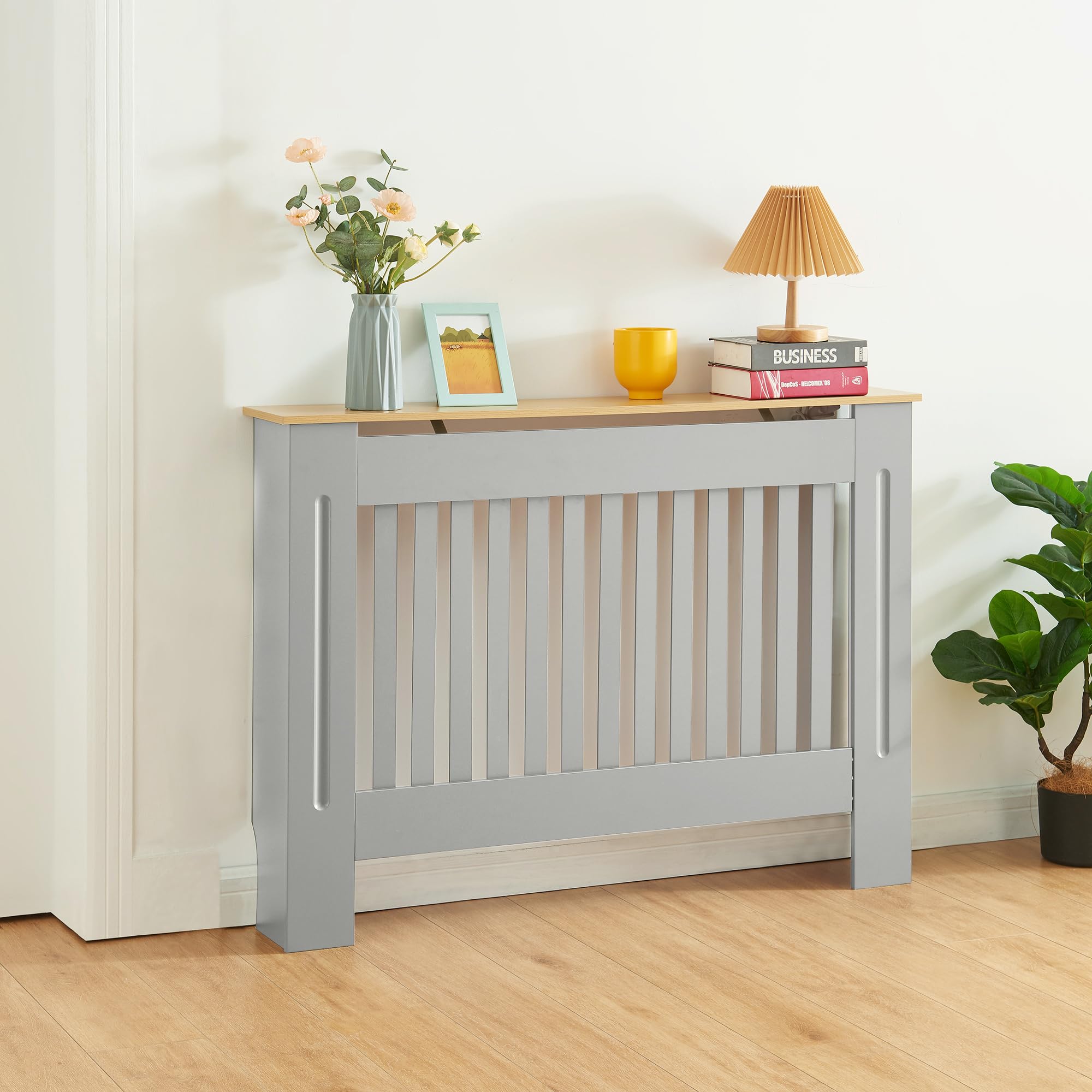Panana Modern Slatted Radiator Cover, Slatted Cabinet Radiator Covers MDF Wood Cabinet Shelf Heating Covers For Living Room, Hallway (Grey with Wood Top, M)