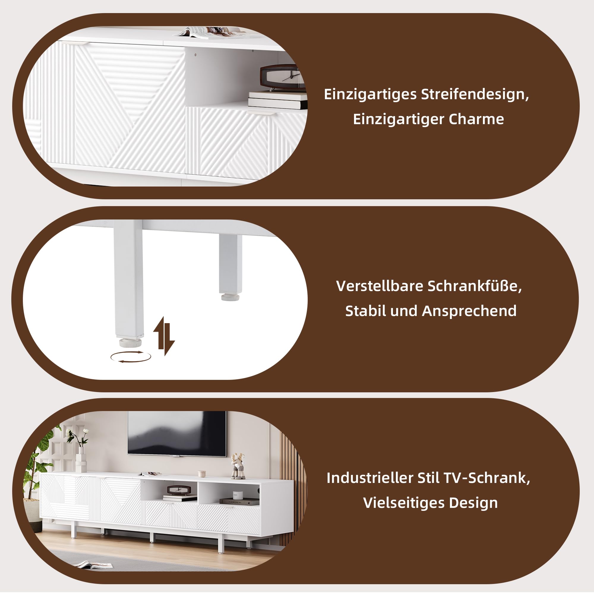 TV Lowboard 200 cm Weiß mit geometrischem Muster, TV Schrank für 90 Zoll Fernseher, modernes TV Board mit Stauraum & Türen, TV Unterschrank mit Kabelmanagement & Metallfüßen