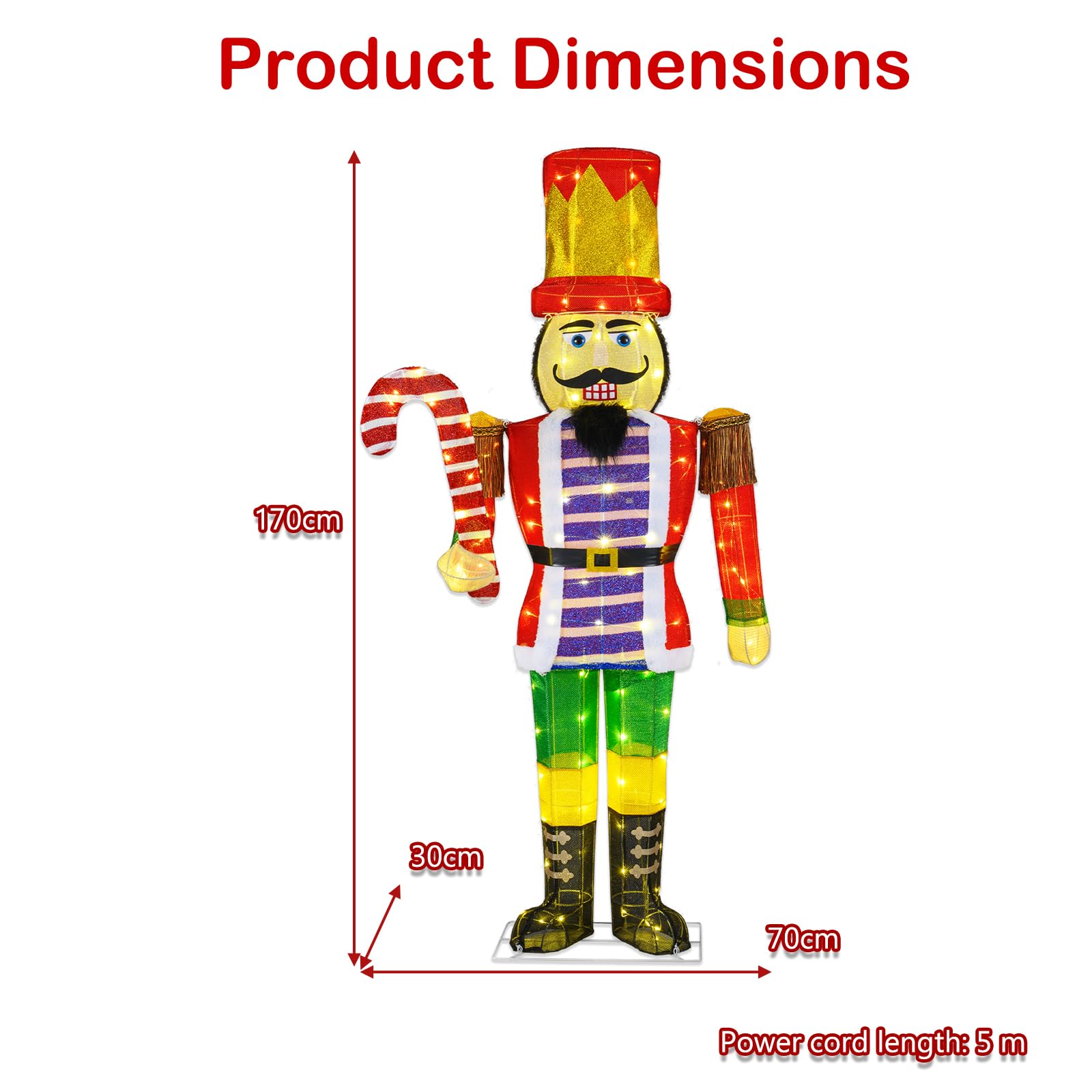 SOARS Weihnachten Nussknacker Figur groß, Weihnachtsdeko aussen XXL, 110 warmweiße LED-Lichter, 170 cm Weihnachtsfigur mit Zuckerstange, Weihnachtsbeleuchtung für außen und innen