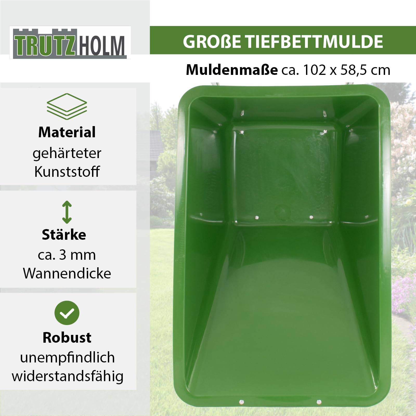 TRUTZHOLM 2-Rad Schubkarre 200 Liter 300 Kg Tragkraft Rahmen Stahl verzinkt robuste große Mulde 162x70 cm Gartenschubkarre Schiebkarre Hofkarre Futterkarre