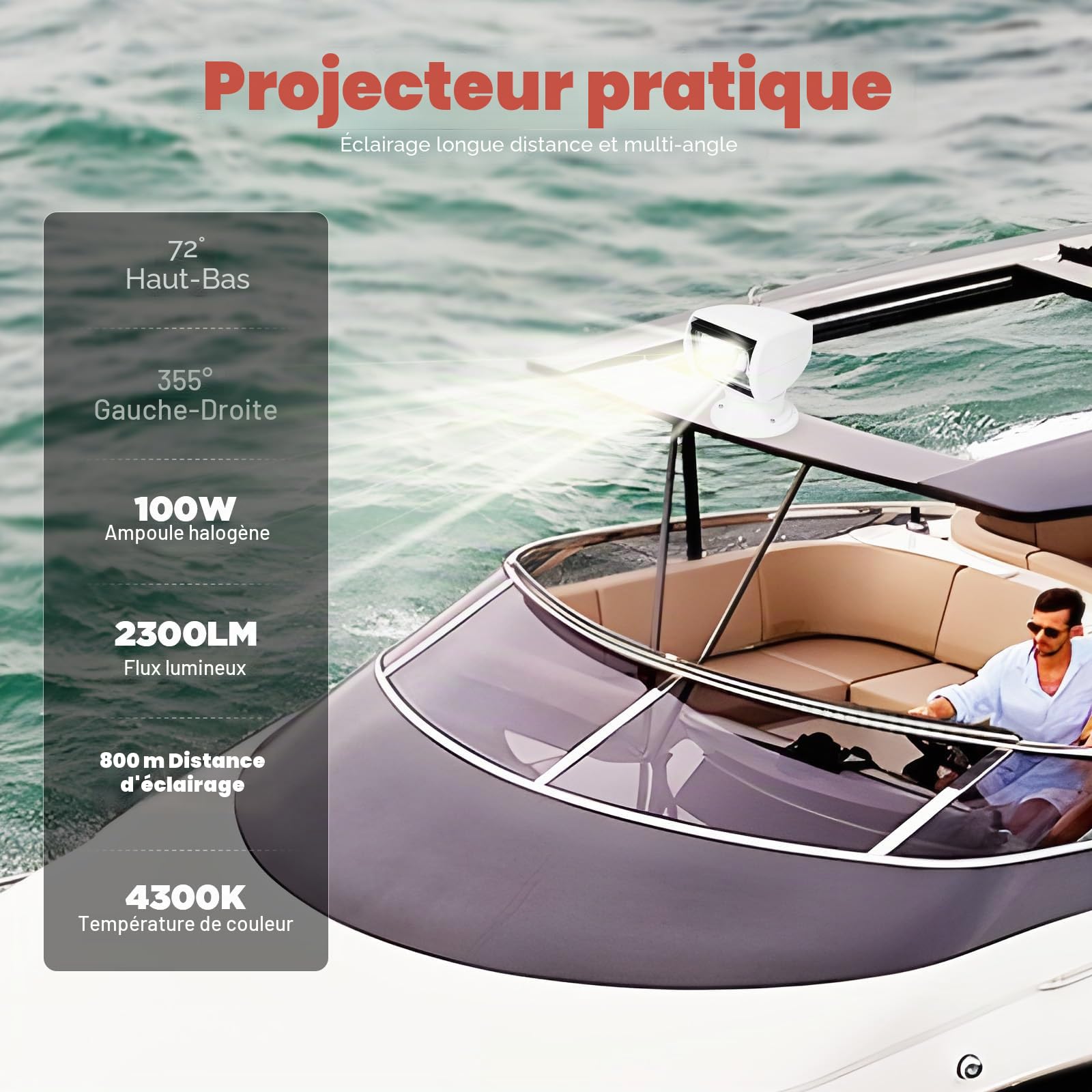 Projecteur de recherche marine télécommandé 100 W halogène 2300 lm Portée 800 m Étanche IP66 Rotation à 355° DC 12 V Blanc Pour bateau et yacht