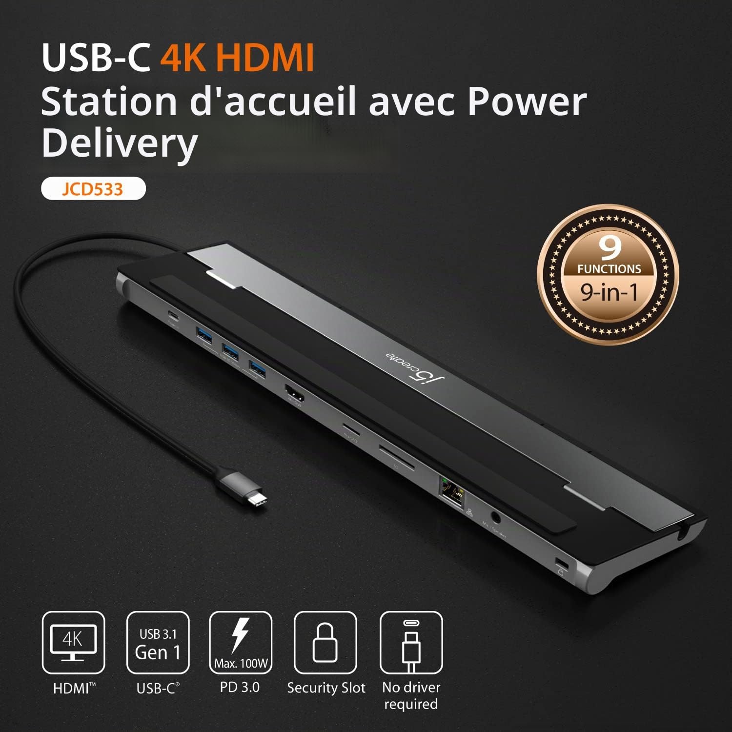j5create Station d'accueil USB-C 4K HDMI (9-en-1) | 4K HDMI, 3 USB-A 5Gbps, lecteur cartes, PD 100W, Gigabit Ethernet, audio combo, MacBook, PC Windows USB-C (JCD533)
