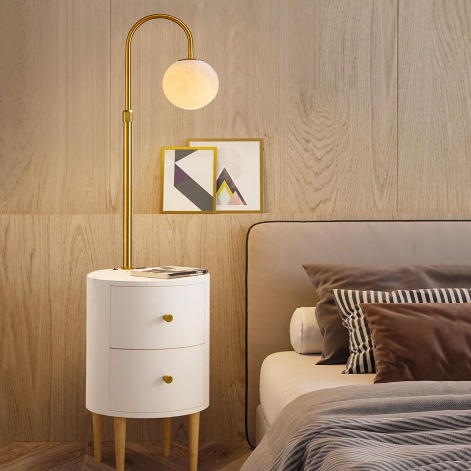 Nowoczesny inteligentny okrągły stolik nocny LED lampa biurkowa z bezprzewodową ładowarką i portem USB lampka nocna z 2 drewnianymi szufladami do sypialni, salonu, dekoracji biura (Bl