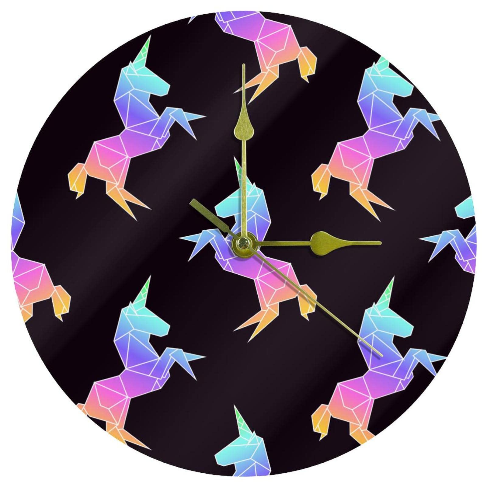 Horloge murale licorne en acrylique de 24 cm ronde et silencieuse pour chambre