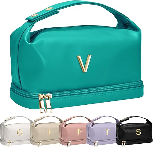 Vista 51 de Regalos Vogewood para mujeres, bolsa de maquillaje personalizada con asa, bolsa de cosméticos inicial de doble capa con organizador de brochas