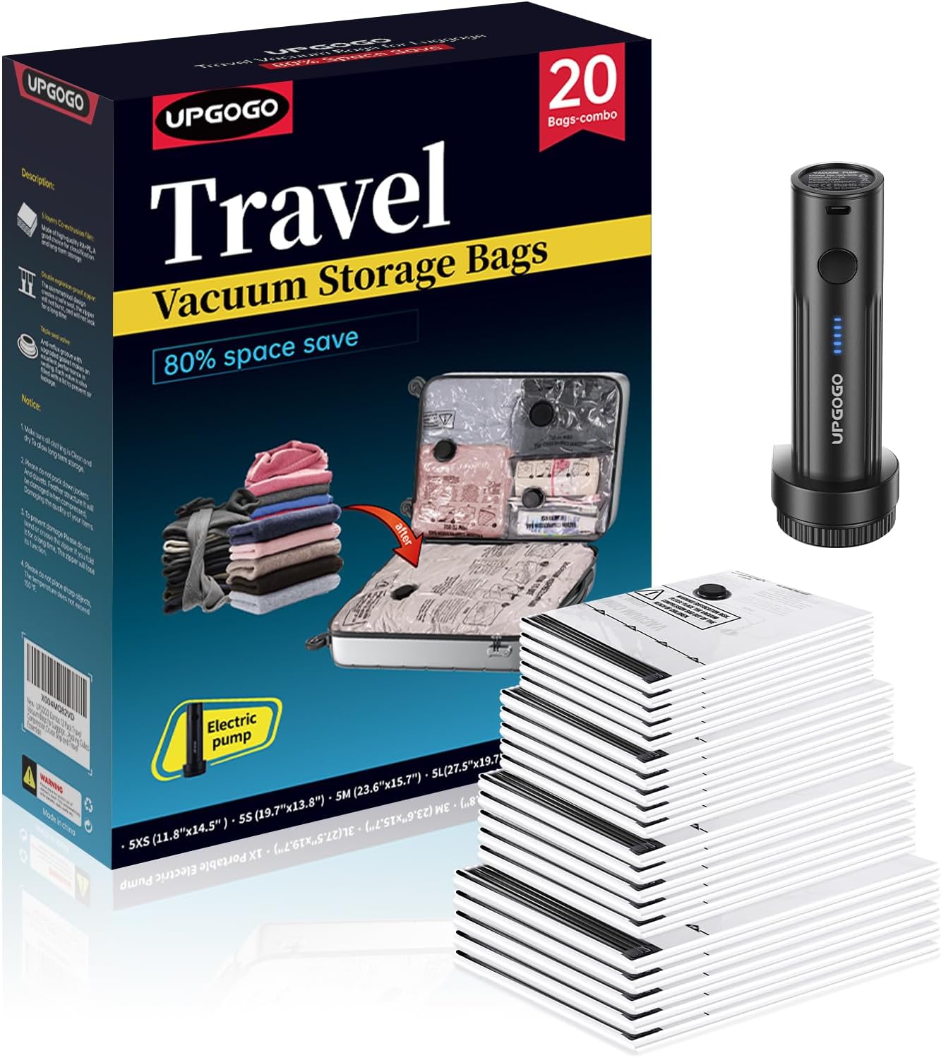 Combo 20 Pack Travel Vacuum Bags for Luggage with Portable Electric Pump,Vacuum Seal Bags for Clothing,Packing Cubes Compression,Cruise Ship and Travel Essentials Combo 20 Pack Travel Vacuum Bags for Luggage with Portable Electric Pump,Vacuum Seal Bags for Clothing,Packing Cubes Compression,Cruise Ship and Travel Essentials