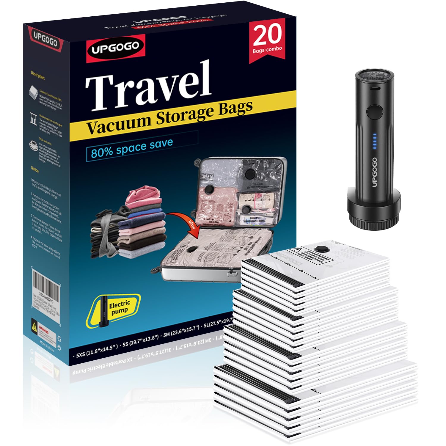 Travel Vacuum Bags for Luggage with Portable Electric Pump Vacuum Seal Bags for Clothing Packing Cubes Compression Cruise