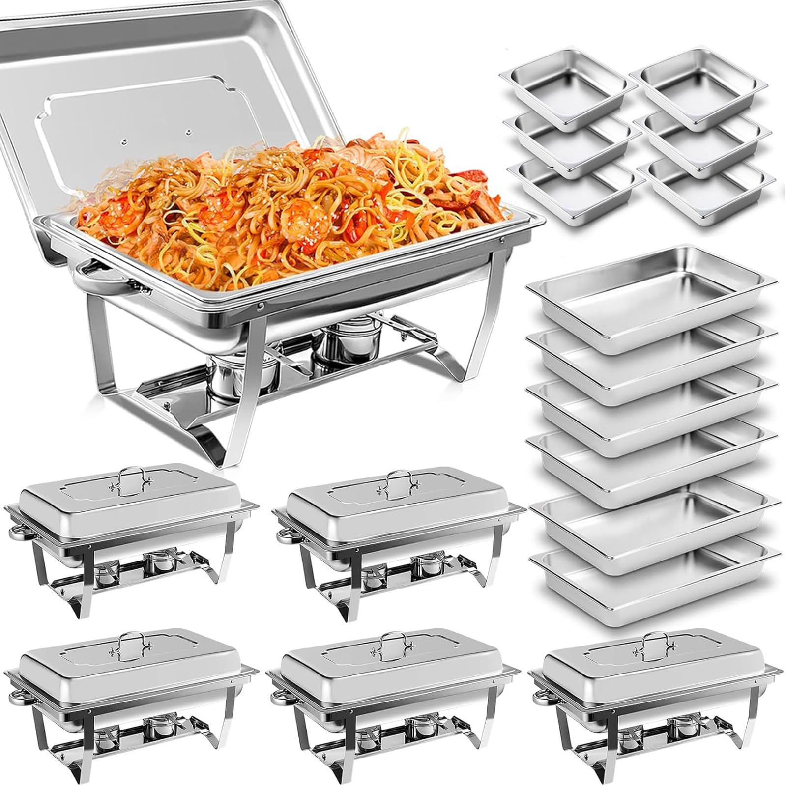 YORKING 9L Chafing Dishes for Buffet, 6 Pack Chafing Dish Buffet Set, Stainless Steel Food Warmers with 6 Full & 6 Half Size Pans Lids Foldable Frames Fuel Holders for Parties Birthday Holiday Events