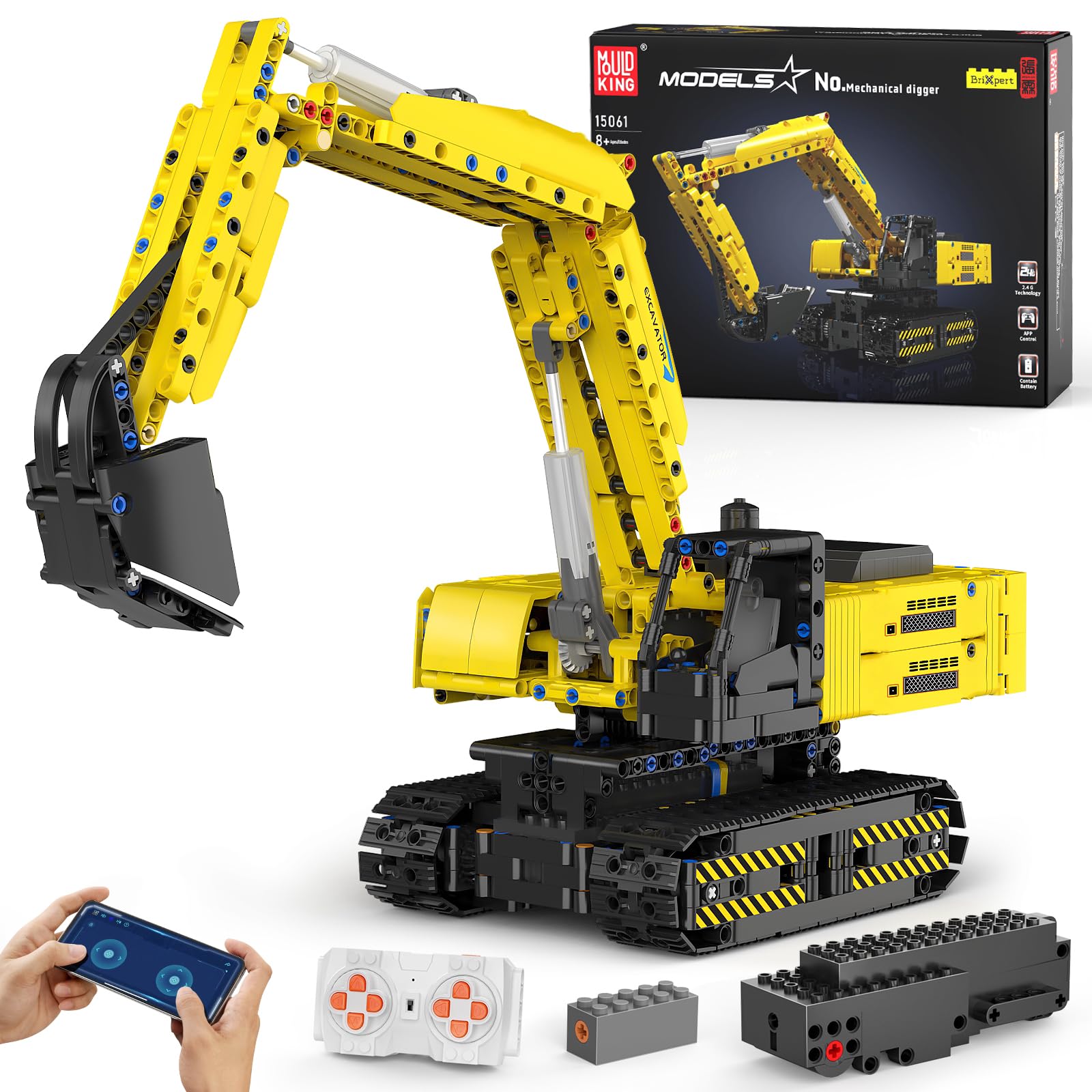 Mould King RC Excavator Building Sets, 15061 Construction Engineering Model Kits with APP Remote Control Building Kits, MOC Construction Vehicles Sets