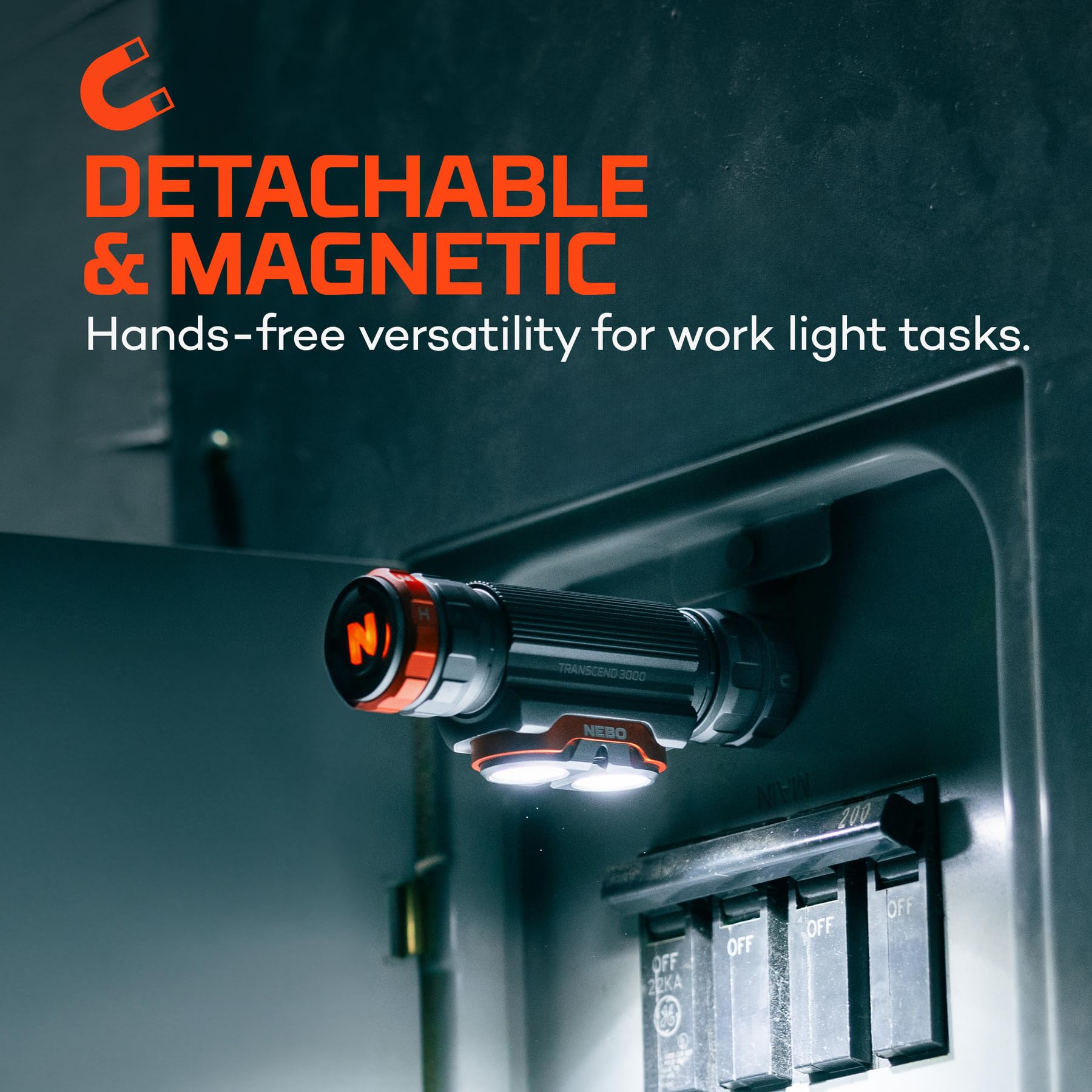 NEBO Transcend 3000 Linterna frontal recargable - 3000 lúmenes, 5 modos de luz, USB‑C, luz de trabajo desmontable, base magnética, IPX7 impermeable, diadema ajustable, compatible con casco duro