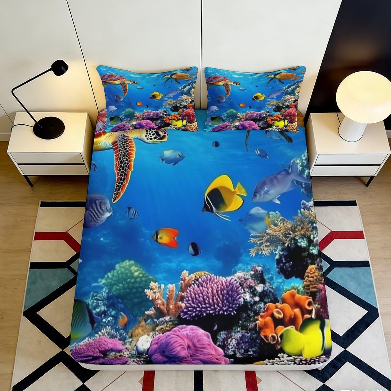 3D Printed Ocean Reef Fitted Sheet Microfiber Soft Colorful Underwater Turtle Bed Cover for Bedroom Guestroom Decor 140x200x25cm