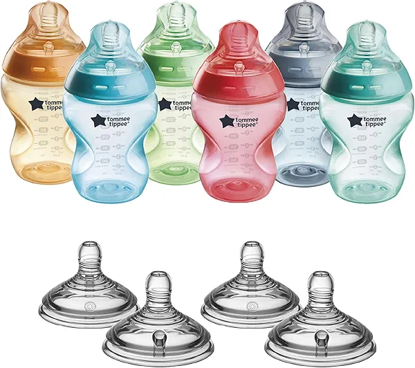 Tommee Tippee Natural Start Anti-Colic 9 oz BPA Free Baby Bottles, 0+ Months, Slow Flow Breast-Like Nipple, Self Sterilizing, Seamless Between Bottle & Breast, Pack of 6 & Extra Slow Nipples 4 Pack