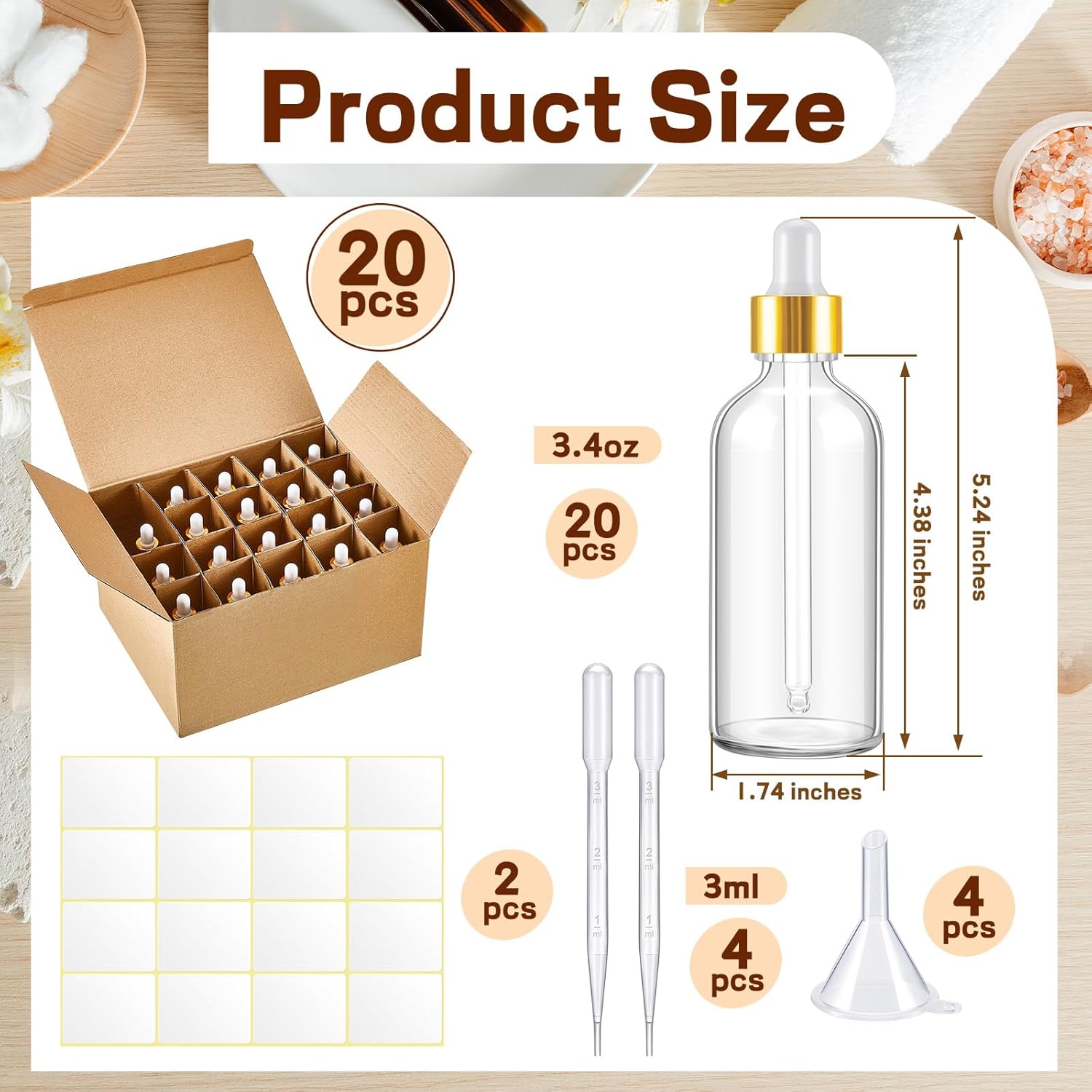 Tessco for you 20 Pack 3.4 oz Glass Dropper Bottles, 100 ml Glass Tincture Bottles with Eye Droppers with Funnel, Labels & Pipette for Essential Oil, Health, Personal Care & Beauty(Amber) - Image 2