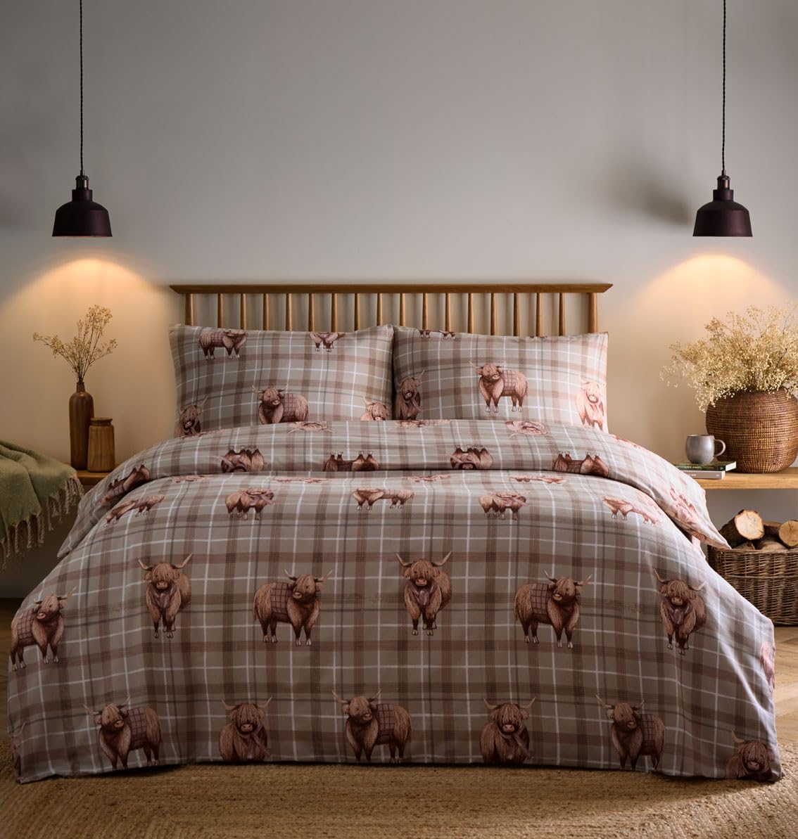 Homemaker Bedding Brown Tartan Check Duvet Set With Shaggy Haired Cows, Polycotton Material (King)