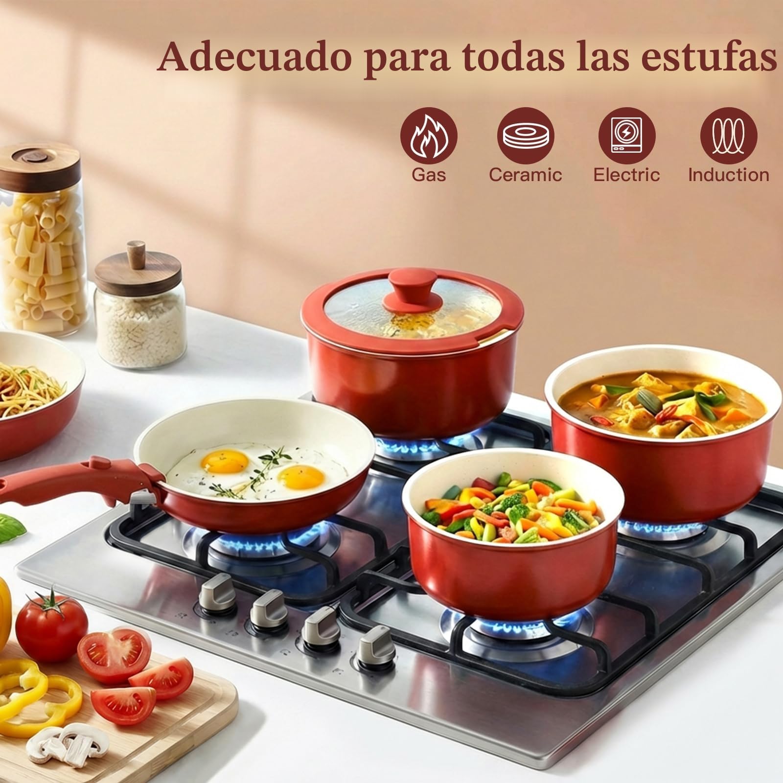 GiPP 11 Piezas Juego de Sartenes y Cacerolas con Revestimiento Cerámico Antiadherente - Juegos De Cacerolas Con Asas Desmontables, Apto Para Hornos y Lavavajillas, Degradado Rojo