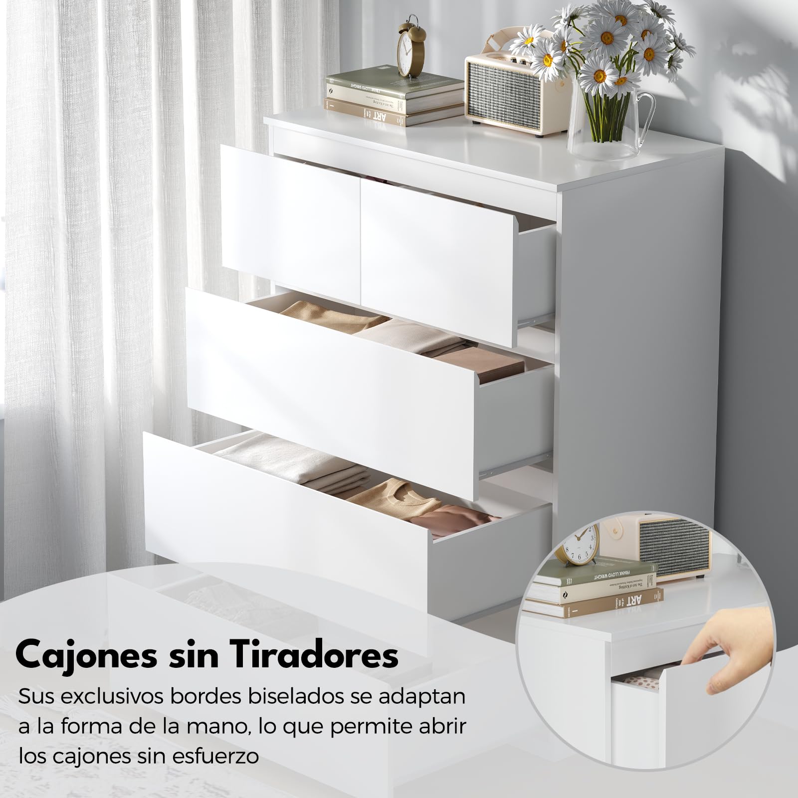 BEWISHOME Comoda Dormitorio,Cajonera con 5 Cajones,Cajonera Blanca,Comodas y Cajoneras,Cómoda Moderno para Pasillo,Salon,Tirador Oculto,68x38x94 cm,EKCG07W