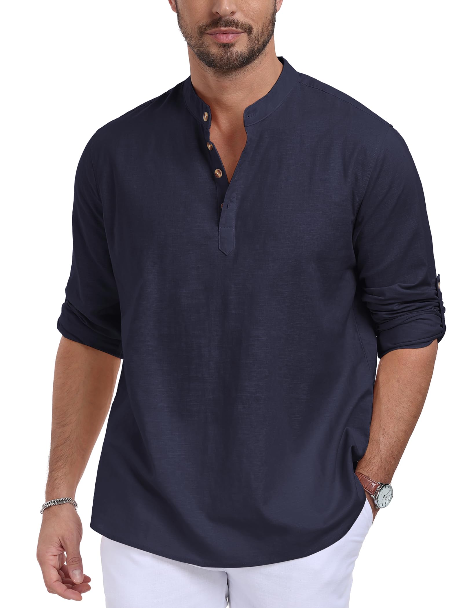 QUEZHU Camisa de Lino Algodón Hombre Manga Larga Camisas de Verano Cuello Mao Casual con Botónes Top Henley Camisa