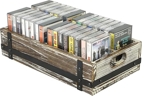 MyGift Caja de almacenamiento de cinta de casete retro de madera maciza rústica con detalles industriales de metal negro mate y 4 compartimentos,