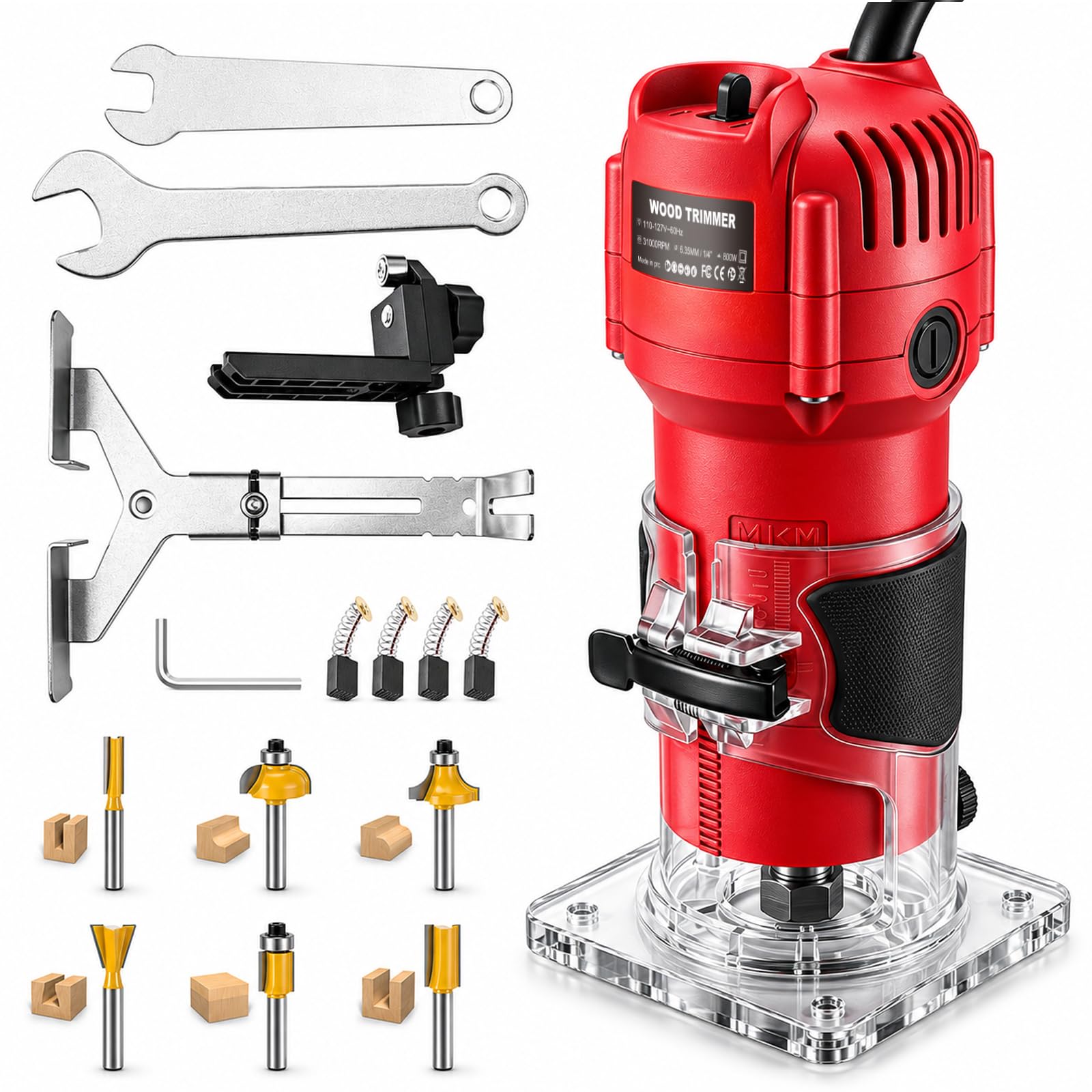 Photo 1 of 800W Compact Wood Router Tool, 32,000 RPM Electric Palm Router, 1/4" Collet Hand Trimmer with Edge & Roller Guide, Woodworking Router for Trimming, Grooving & Edging