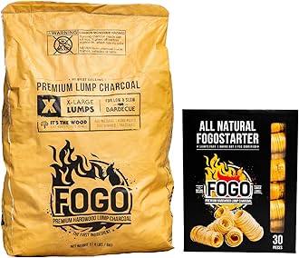Premium Hardwood Lump Charcoal, Natural Large Sized Lump Charcoal, 17.6 Pound Bag and FOGO Fogostarters Natural Fire Starters, 30 Count Box, Bundle