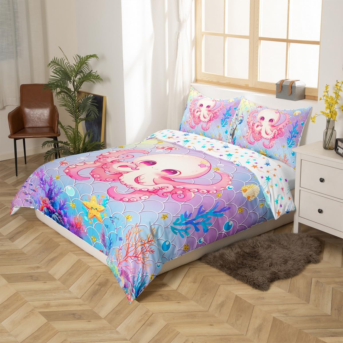 Pink Octopus Duvet Cover Set Toddler Size,Lovely Sealife Coral Watercolor Reversible Quilt Cover for Kids Boys Girls Blue Purple Mermaid Scale Print Bedding Set with 1 Pillowcase,No Comforter