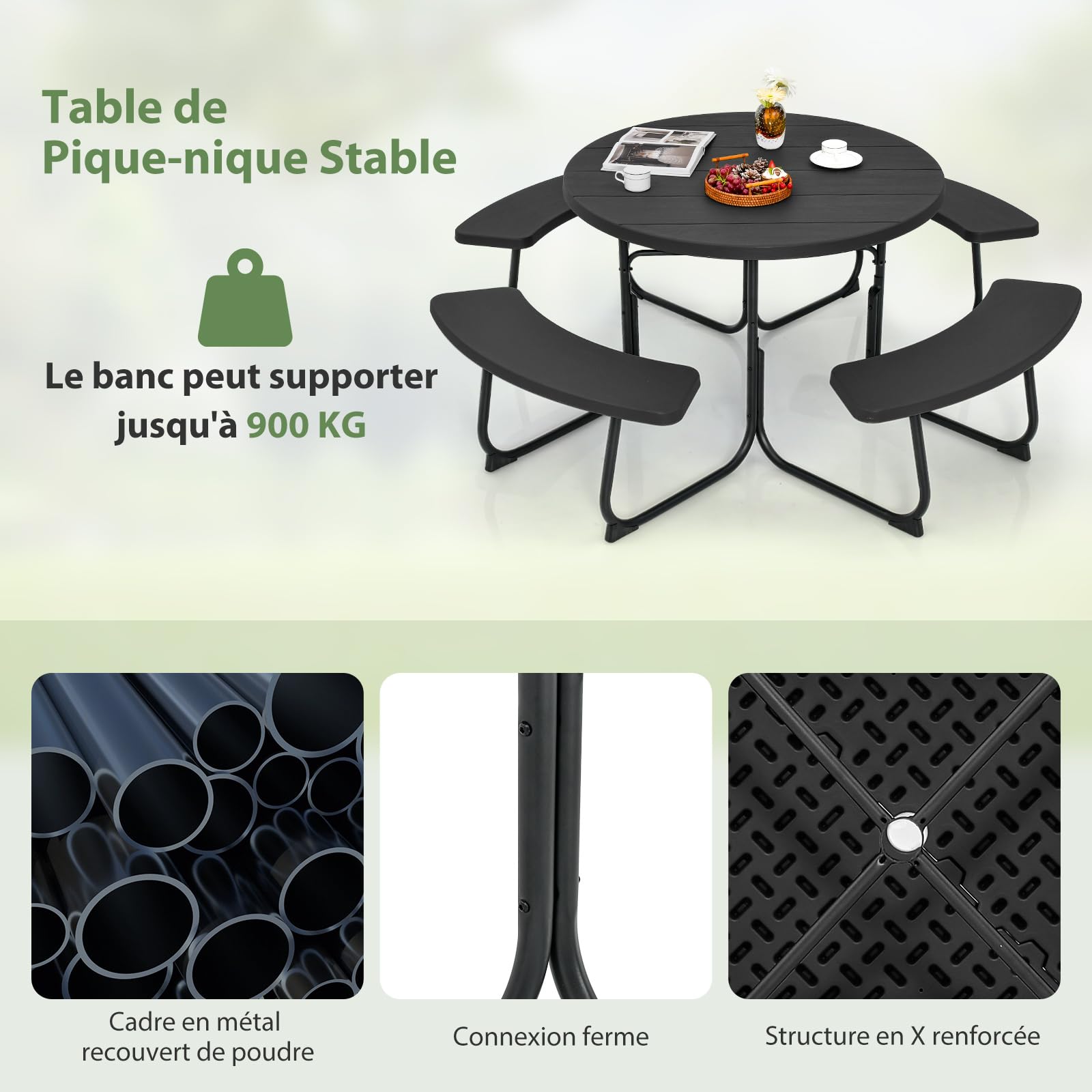 GOPLUS Table de Pique-Nique avec 4 Bancs Intégrés pour 4 à 8 Personnes, Table Jadin Exterieur en HDPE avec Trou pour Parasol,Ronde en Plein Air, Cadre en Métal,Charge 225KG+135KG(Noir)