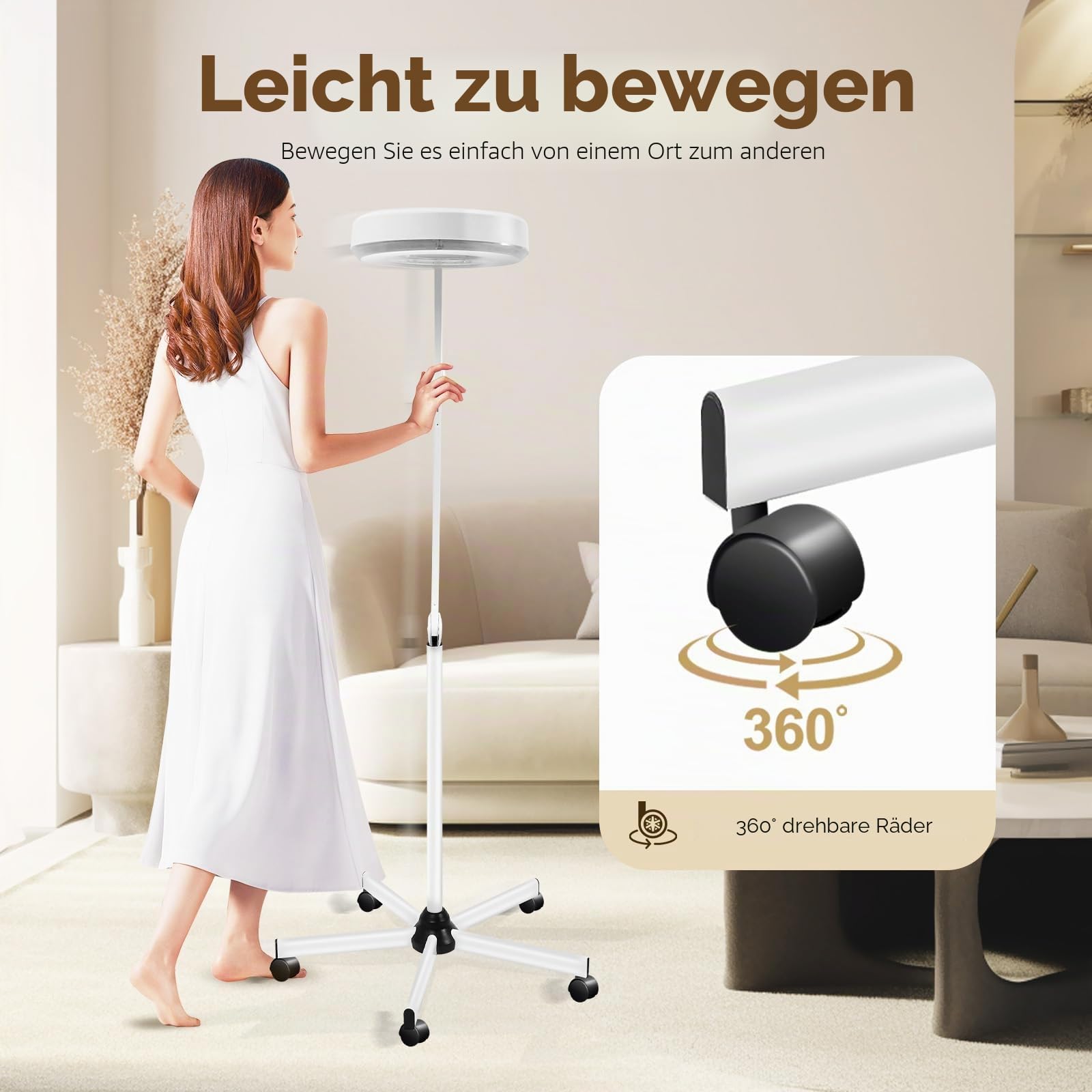 5X LED Lupenleuchte 125MM Lupenlampe mit Standfuß, 5 Dioptrien Lupe mit Licht Standlupe Arbeitsleuchte Kosmetiklampe mit Rollstativ Weiß Lampe Beauty Salon (5X)