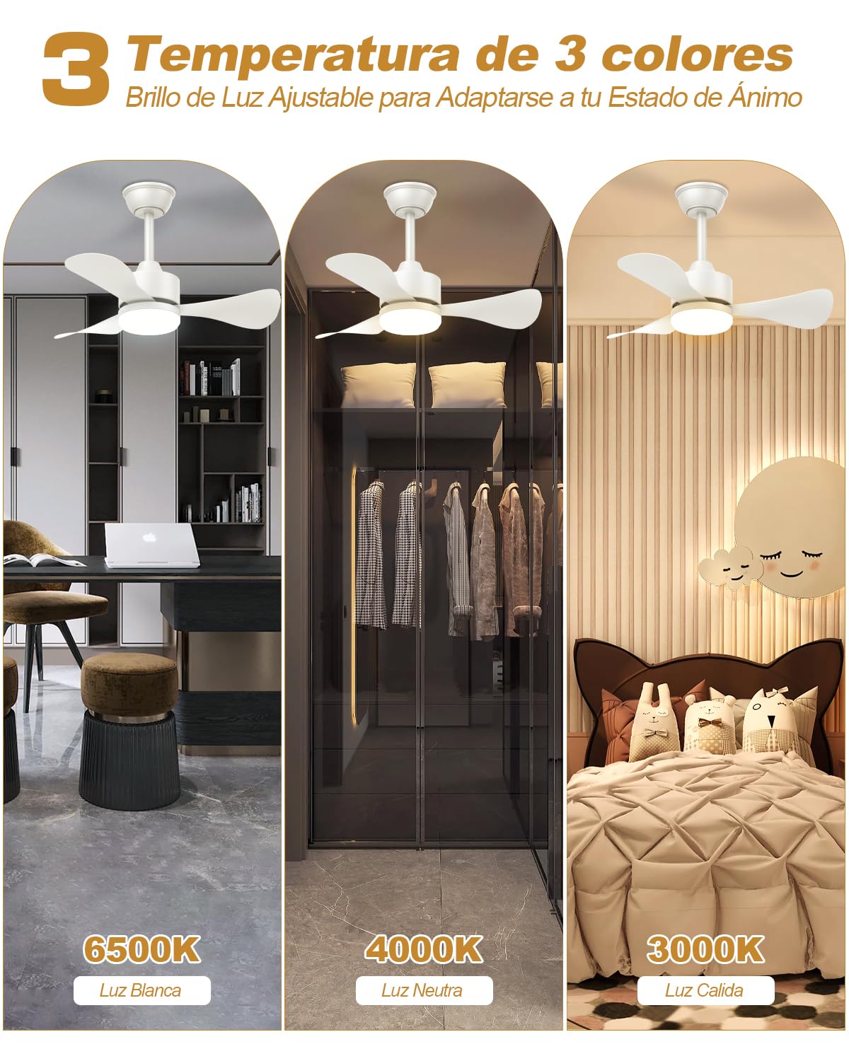 Airwit 71cm Ventilador de Techo con Luz y Mando a Distancia, Silencioso Lampara Ventilador Techo, Pequeno 3 Aspas Luz LED para Dormitorio, Salon, Reversible Motor DC, 6 Velocidades
